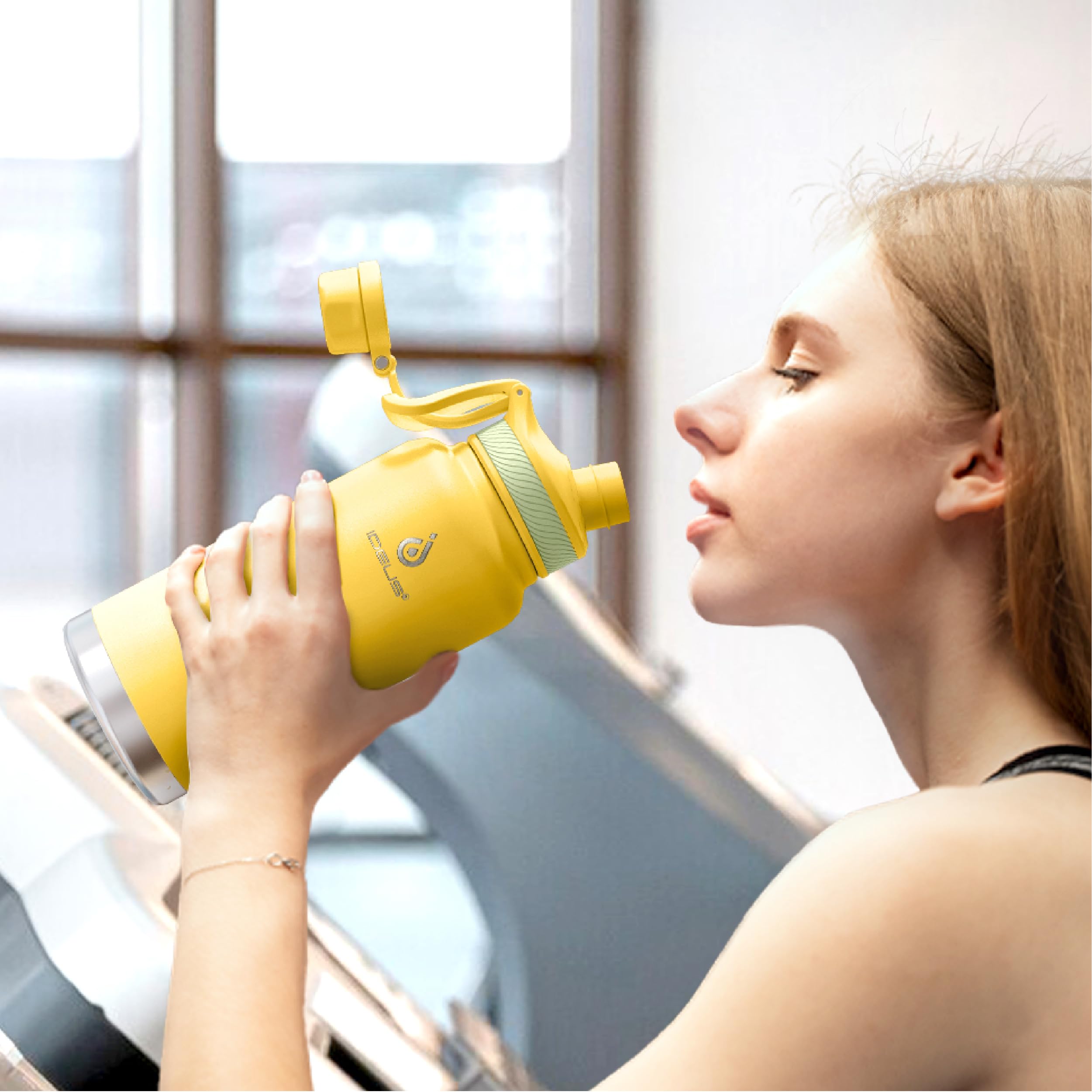 IDEUS 32oz Stainless Insulated Bottle with 2 Leak-Proof Lids, Bright Yellow