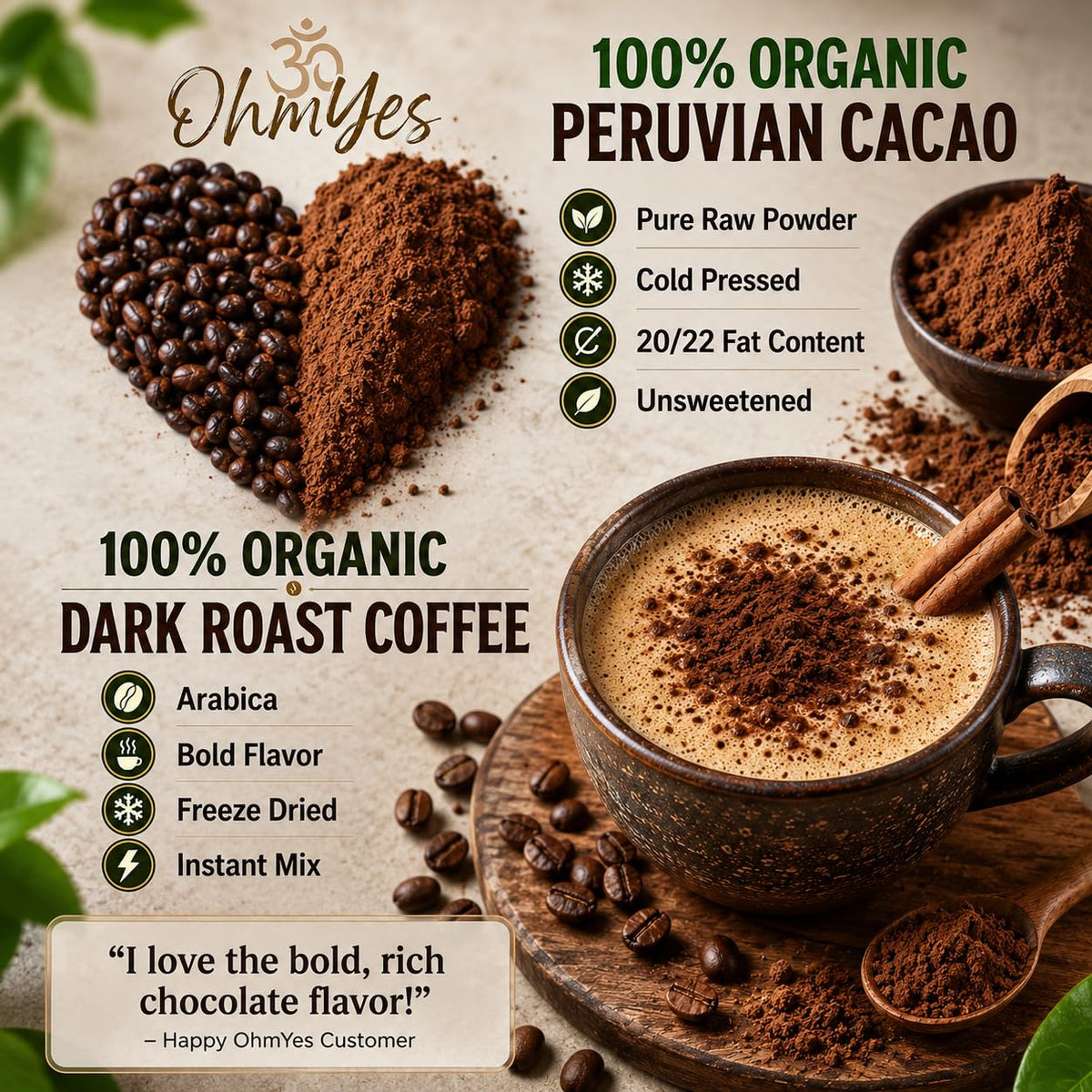 OhmYes Mocha Mushroom Coffee with Pure Cacao | Organic Mushroom Coffee, 11-Mushroom Blend (Lion’s Mane, Reishi, Chaga, Cordyceps) | Organic Instant Coffee, Cocoa Flavanols | Unsweetened | 7oz