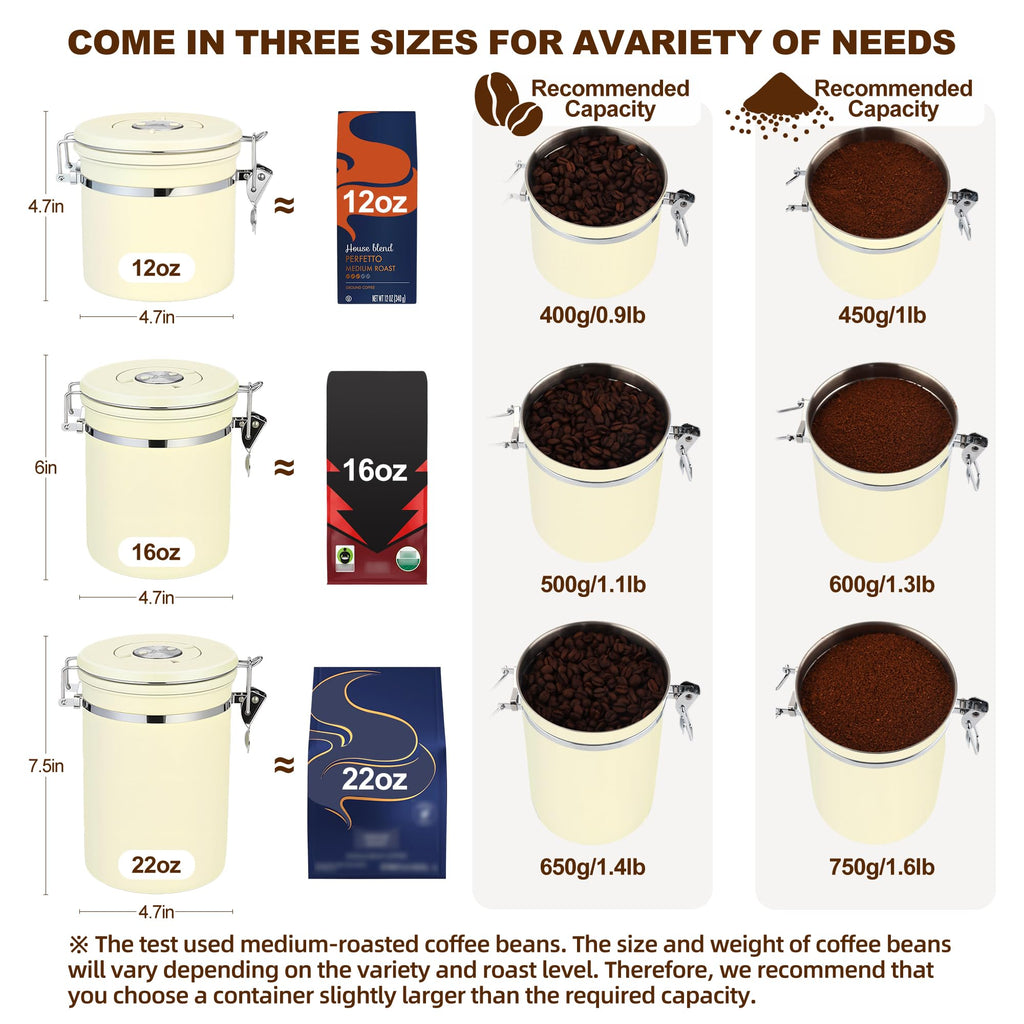 ShanSon Coffee Canister Airtight, Stainless Steel Bean Storage Container with Date Tracker & Scoop, Grounds Sugar Flour Tea Cereal Fits Kitchen Pantry, Ideal Gift for Coffee Lovers,16oz,Beige