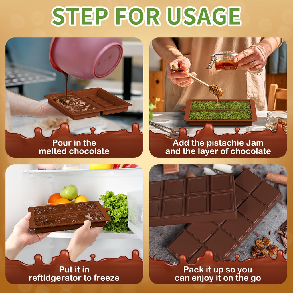 ROMINVIC Chocolate Bar Mold,2 Pack 2 in 1 Dubai Chocolate Molds and Scraper for Stuffed Bar,Deep Large and Thick Chocolate Candy Bar Mold for Filling Knafeh Pistachio Kit