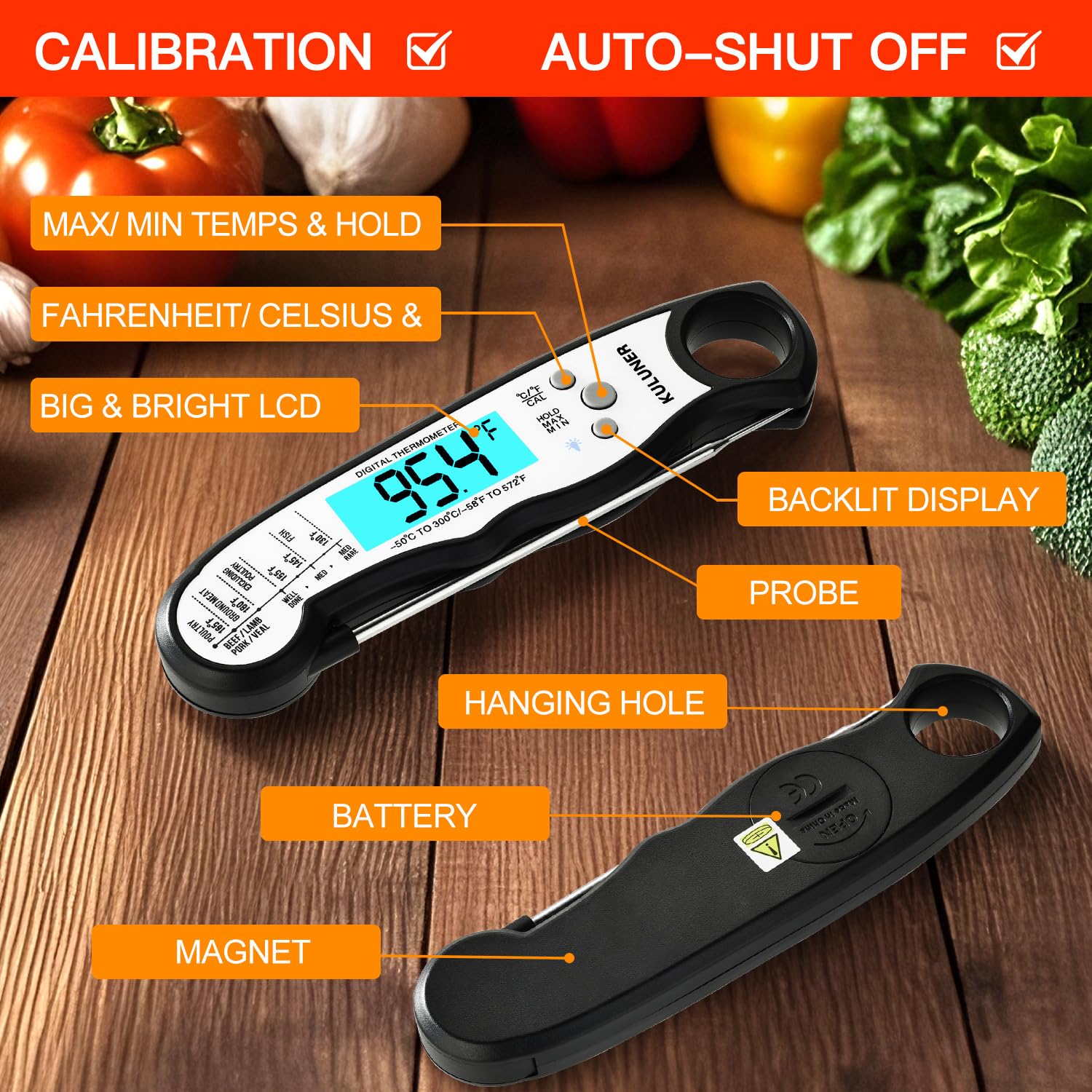 KULUNER Instant Read Food Thermometer, White Waterproof Digital Meat Thermometer with 4.6" Folding Probe, Backlight & Calibration, 2-3s Fast Reading for Kitchen Baking Grilling Cooking - White