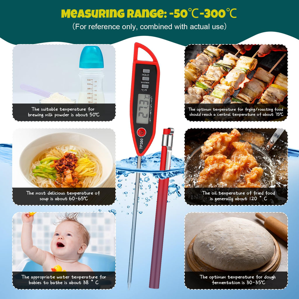 Copkim 6 Set Waterproof Food Thermometer for Water, Liquid, Candle and Cooking Digital Meat Thermometer with Long Probe Instant Read for Kitchen BBQ Grill Candy (Red)