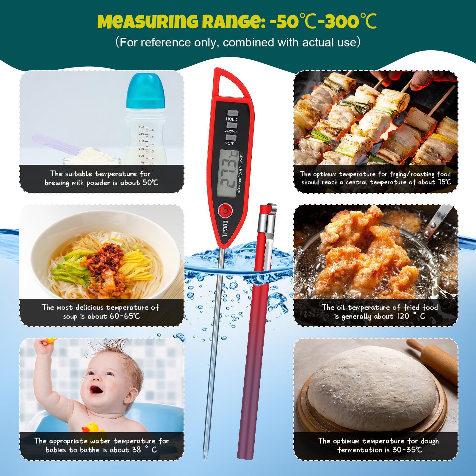 Copkim 6 Set Waterproof Food Thermometer for Water, Liquid, Candle and Cooking Digital Meat Thermometer with Long Probe Instant Read for Kitchen BBQ Grill Candy (Red)