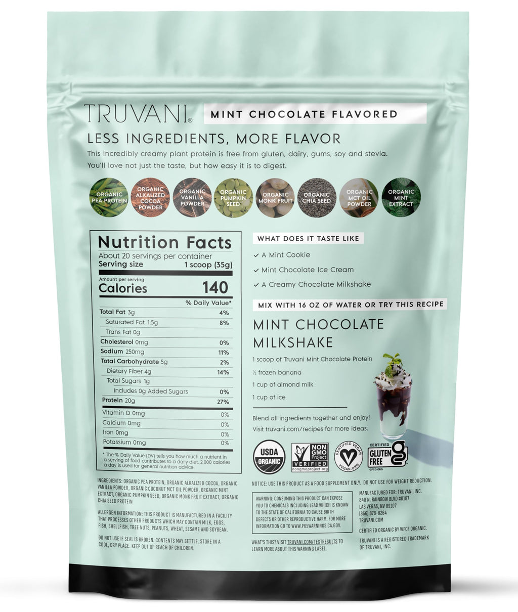 Truvani Organic Plant Based Protein Powder | Mint Chocolate | 20 Servings