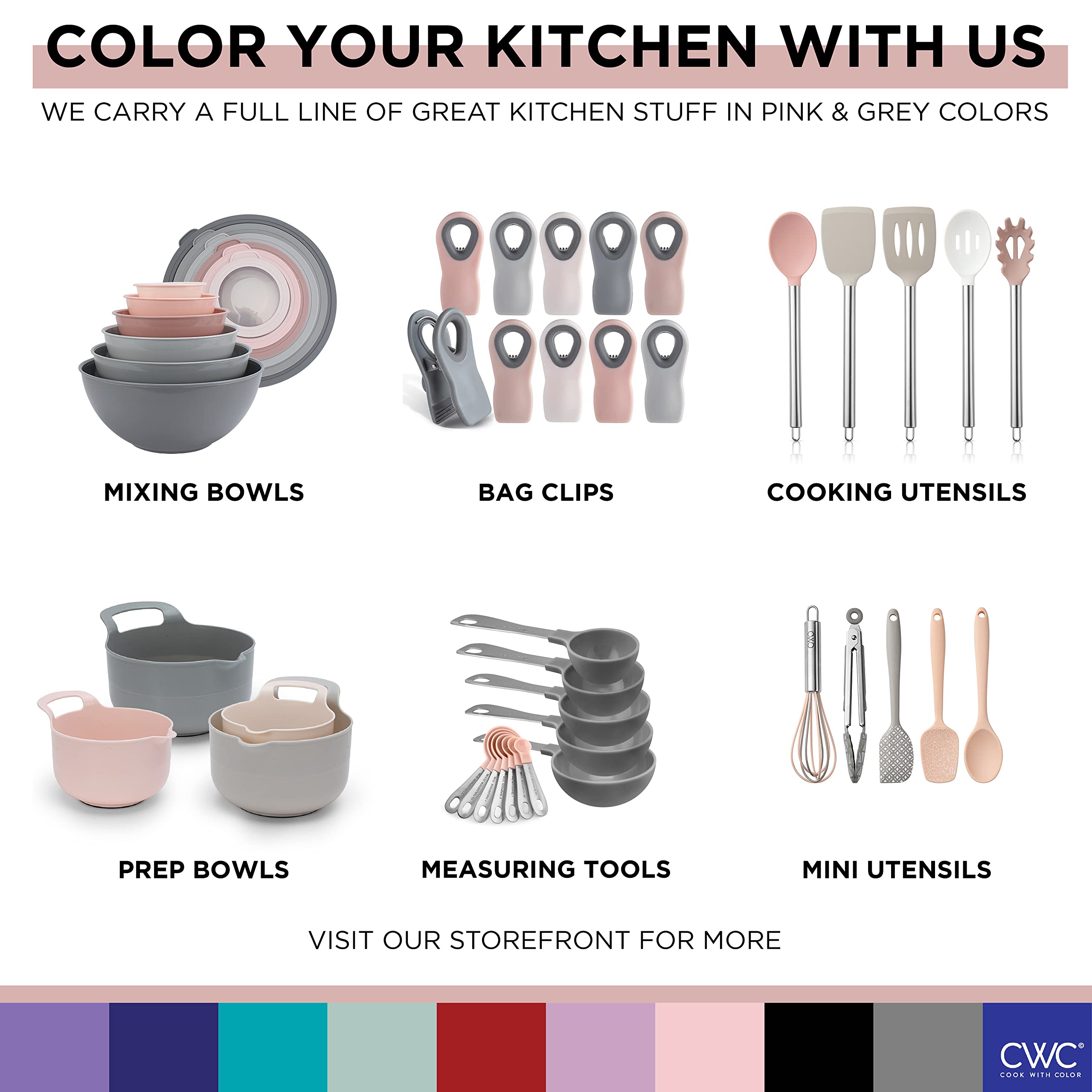 COOK WITH COLOR Prep Bowls with Lids- Wide and Deep Nesting Plastic Small Mixing Bowl Set with Lids, 8 Piece Set - Deep Bowls, Grey/Pink
