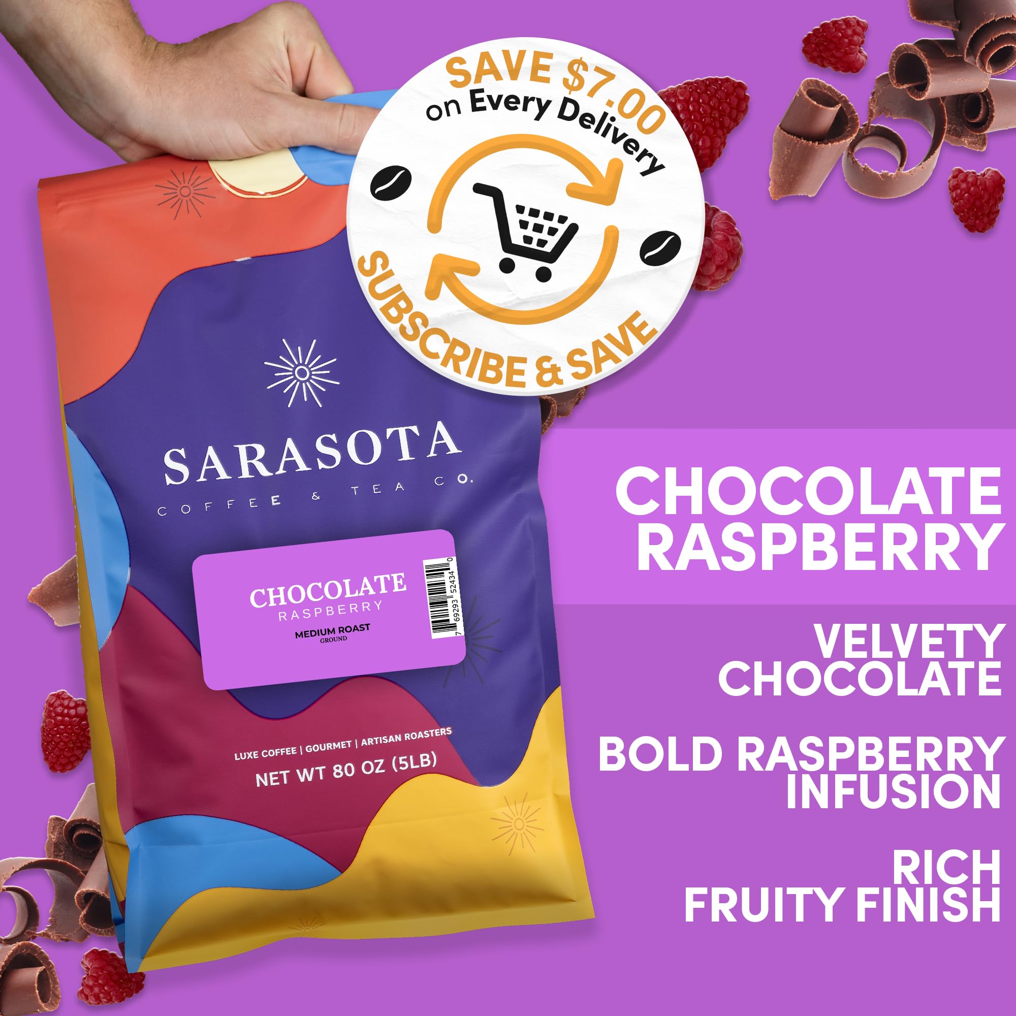Sarasota Coffee Ground Chocolate Raspberry | Medium Roast Gourmet Flavored Coffee Grounds | Low Acid, Mold Free, Specialty Grade Flavored Bulk Ground Coffee | 5lb (80 oz)
