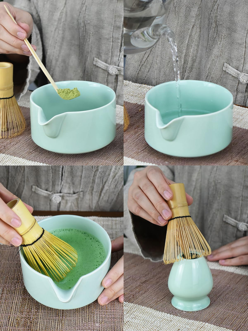 Artcome Premium Matcha Tool Set Green 1, 4 Pcs, Japanese Matcha Set with Bowl, Whisk, Holder, Scoop & Manual