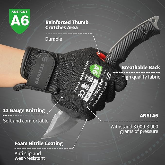 FreezeGuard Winter Work Gloves for Men and Women, ANSI A6 Cut Resistant Gloves With Super Grip, Freezer Glove for Work Below Zero, Touchscreen, Thermal Insulated, PR3388, Black Knight (S, 2 Pairs)