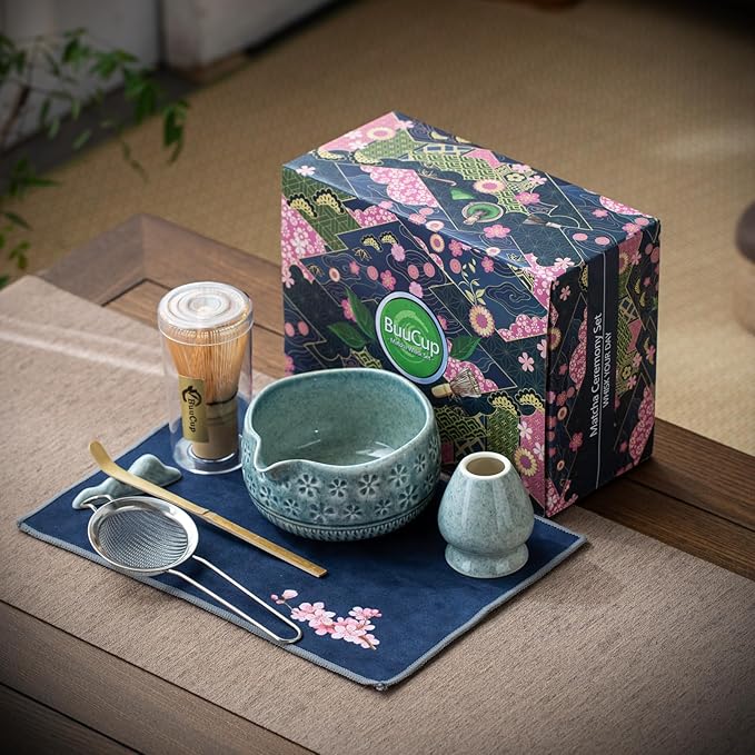 Matcha Whisk Set, Ceramic Matcha Set Includes Matcha Bowl, Matcha Whisk and Holder, Bamboo Scoop, Scoop Rest, Sifter and Tea Towel - 7 Pcs Matcha Kit for Matcha Lovers (Blue)