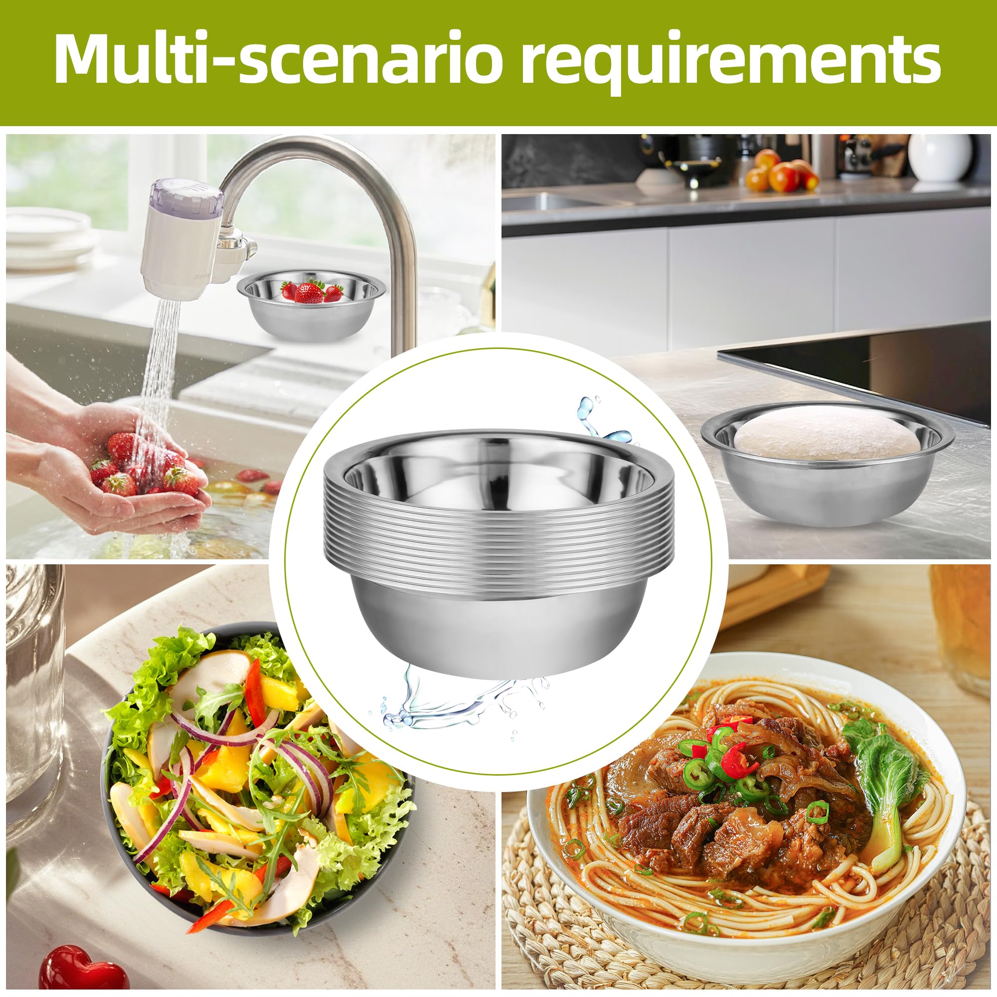 TREEHAC 10 Pack 8.66 x 2.64 Inch Stainless Steel Mixing Bowls for Bulk Food Prep with Nesting Design for Hotel Restaurant and Home Kitchen Cooking in Silver