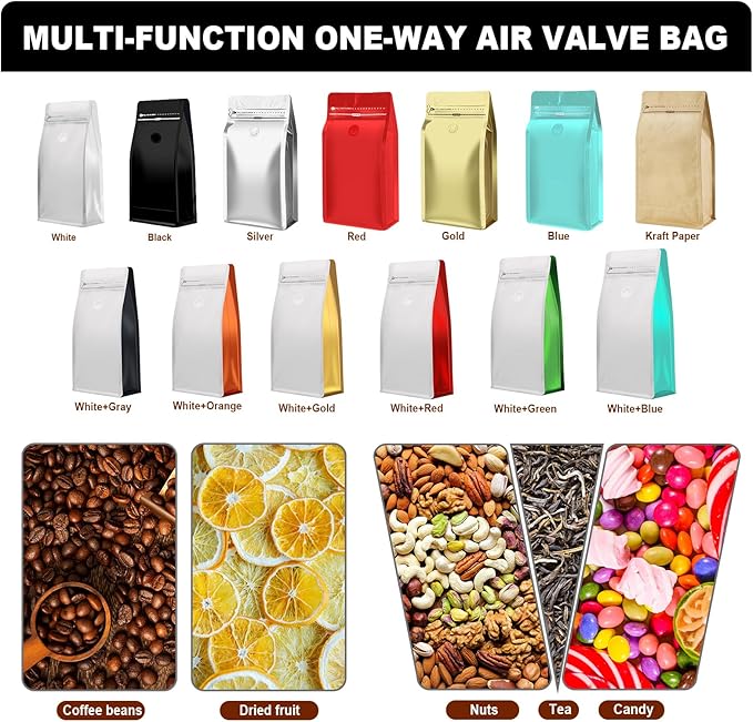 Coffee Bags with Valve(60pcs,16 oz,1 lb) Vented Coffee Beans Packaging Bags High Barrier Aluminumed Foil Flat Bottom Heat Sealed Side Zipper Resealable Storage Bag for Home or Business (White+Blue）