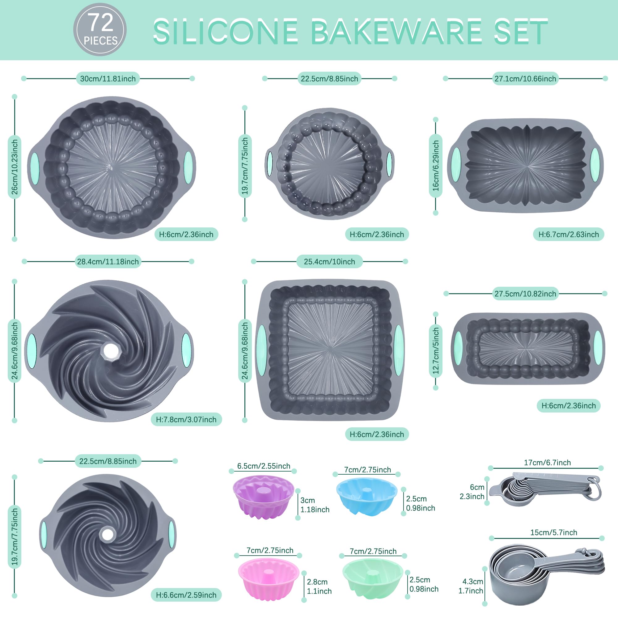 Tongjude 72 Pieces Silicone Bakeware Set, Nonstick Baking Pans Set, Easy Release Oven Silicone Pan for Kitchen with Cake Pans, Loaf Pans, Baking Cups, Measuring Cups and Spoons Set, Grey