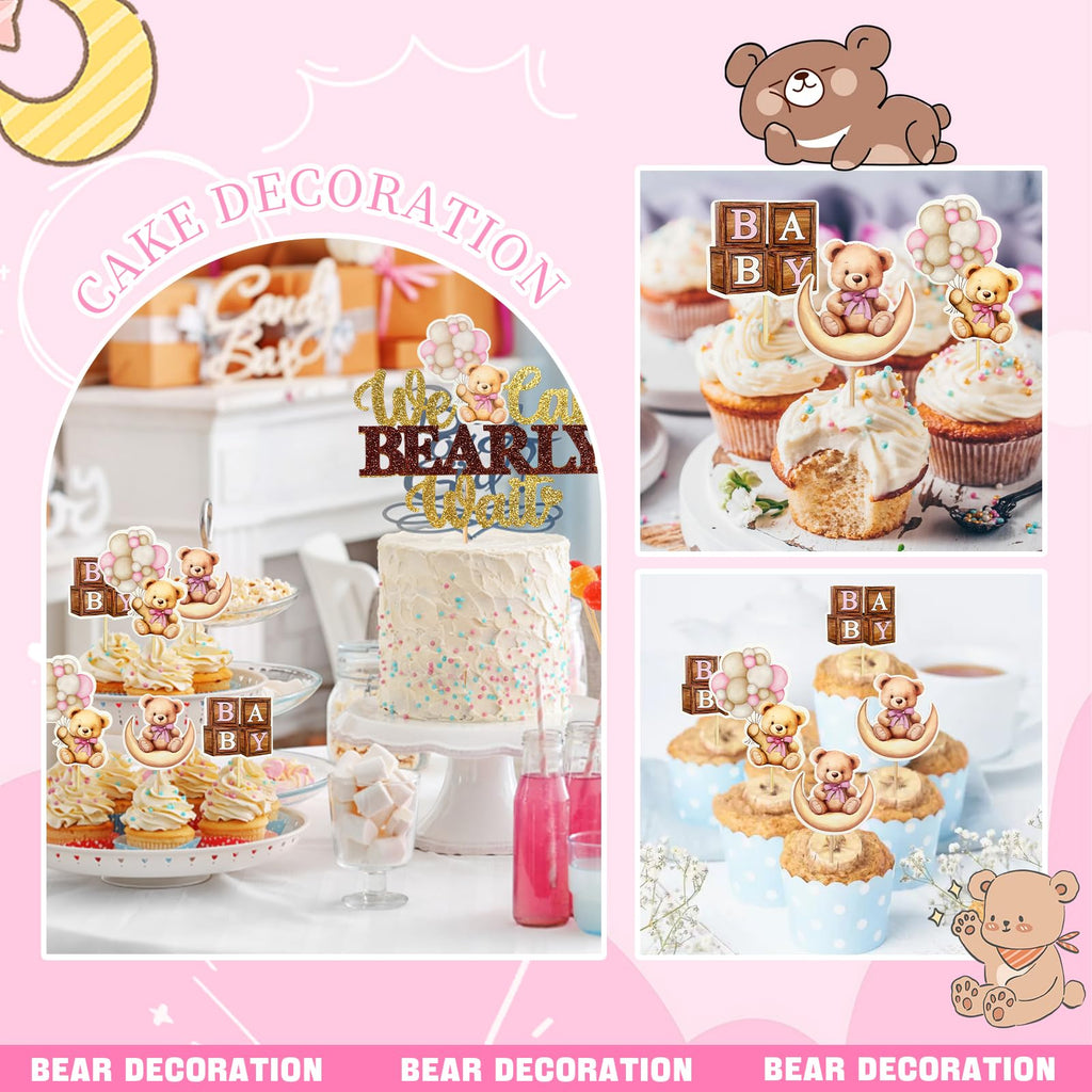 MEMOVAN Pink Bear Cupcake Toppers We Can Bearly Wait Cake Cupcake Topper