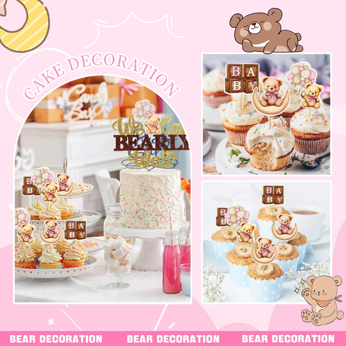 MEMOVAN Pink Bear Cupcake Toppers We Can Bearly Wait Cake Cupcake Topper