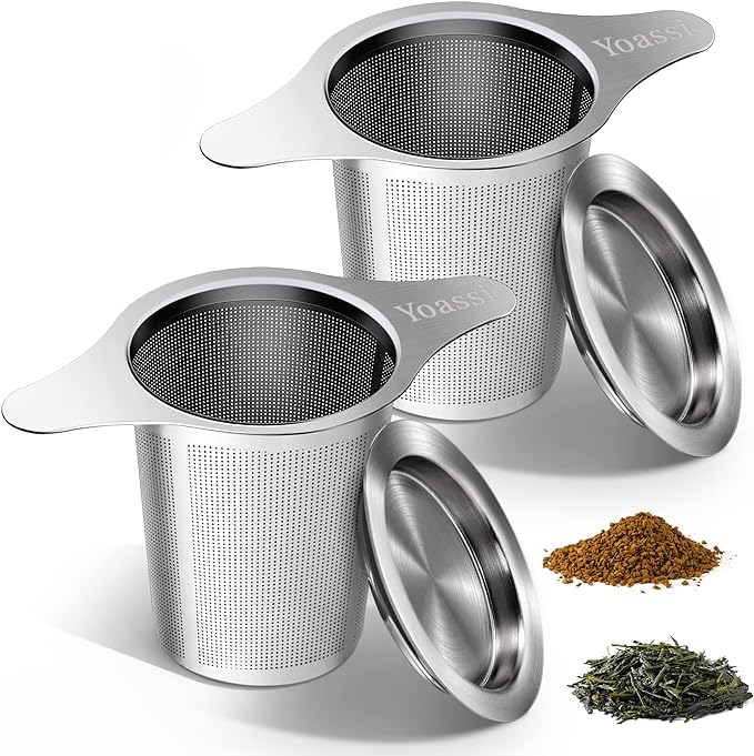 Extra Fine 18/8 Stainless Steel Tea Infuser Mesh Strainer with Large Capacity & Perfect Size Double Handles for Hanging on Teapots, Mugs, Cups to Steep Loose Leaf Tea and Coffee (2 Pack)