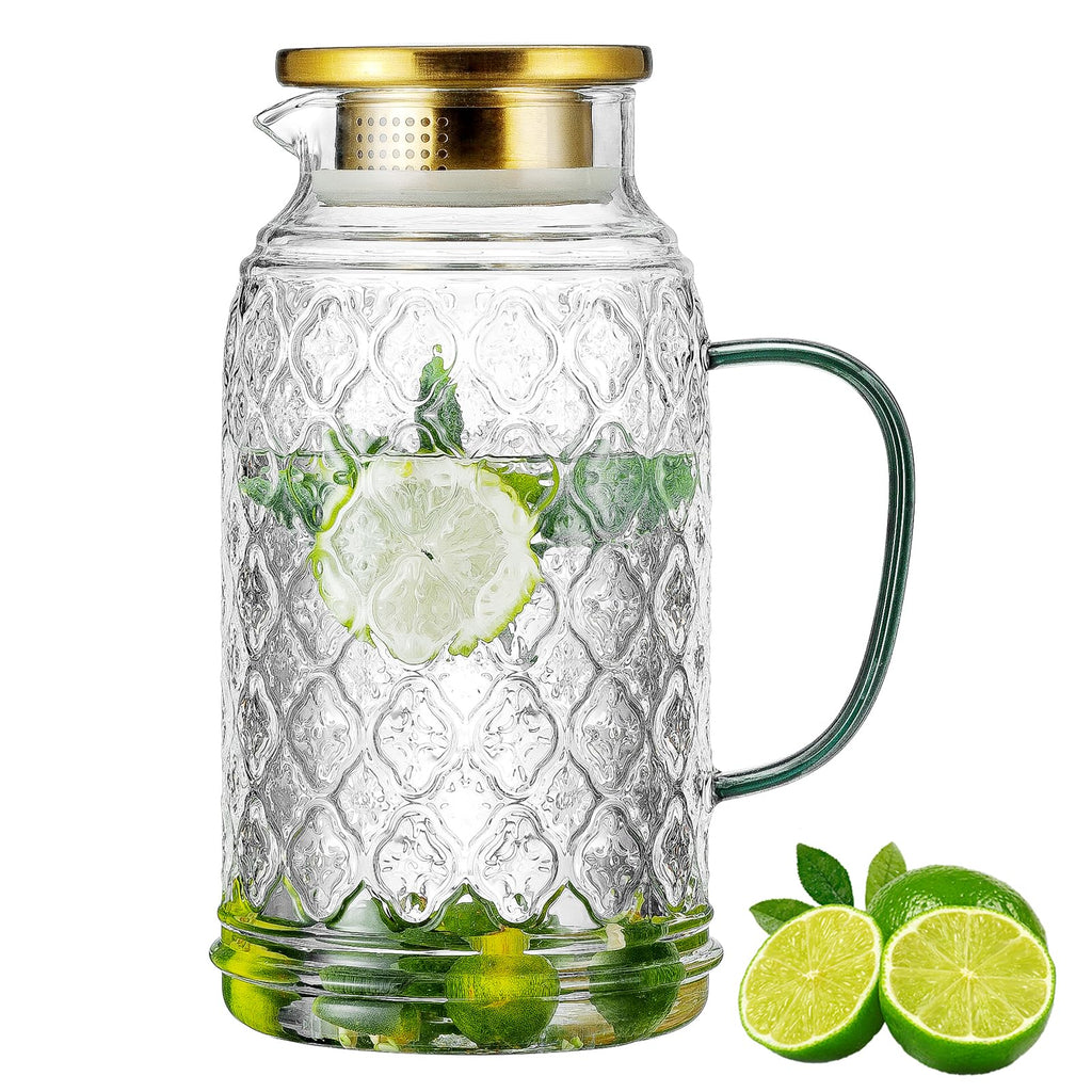 Buaic Glass Pitcher with Lid, 68 oz/2 Liter Vintage Water Pitcher