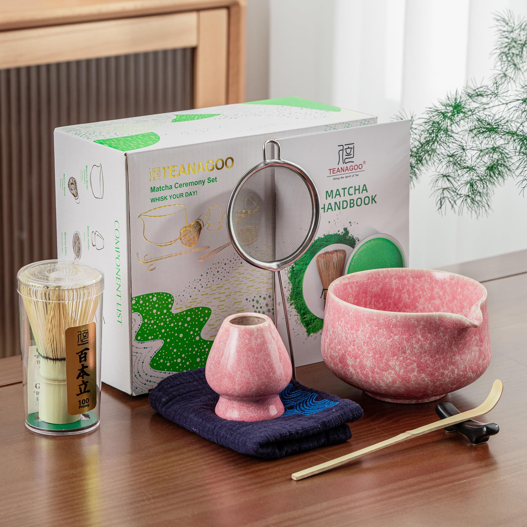 TEANAGOO Matcha Whisk Set,7 Pcs Matcha Set Pink for Making Latte,Ceramic Bowl(chawan) whith Spout and Whisk,Gift for Friend/Family