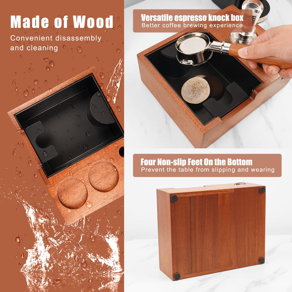 IKAPE Espresso Knock Box, Espresso Coffee Organizer Box Fit for Storage 51, 54, 58MM Espresso Tamper, Distributor, Portafilter & Puck Screen Accessories, Natural Sandywood Station Base