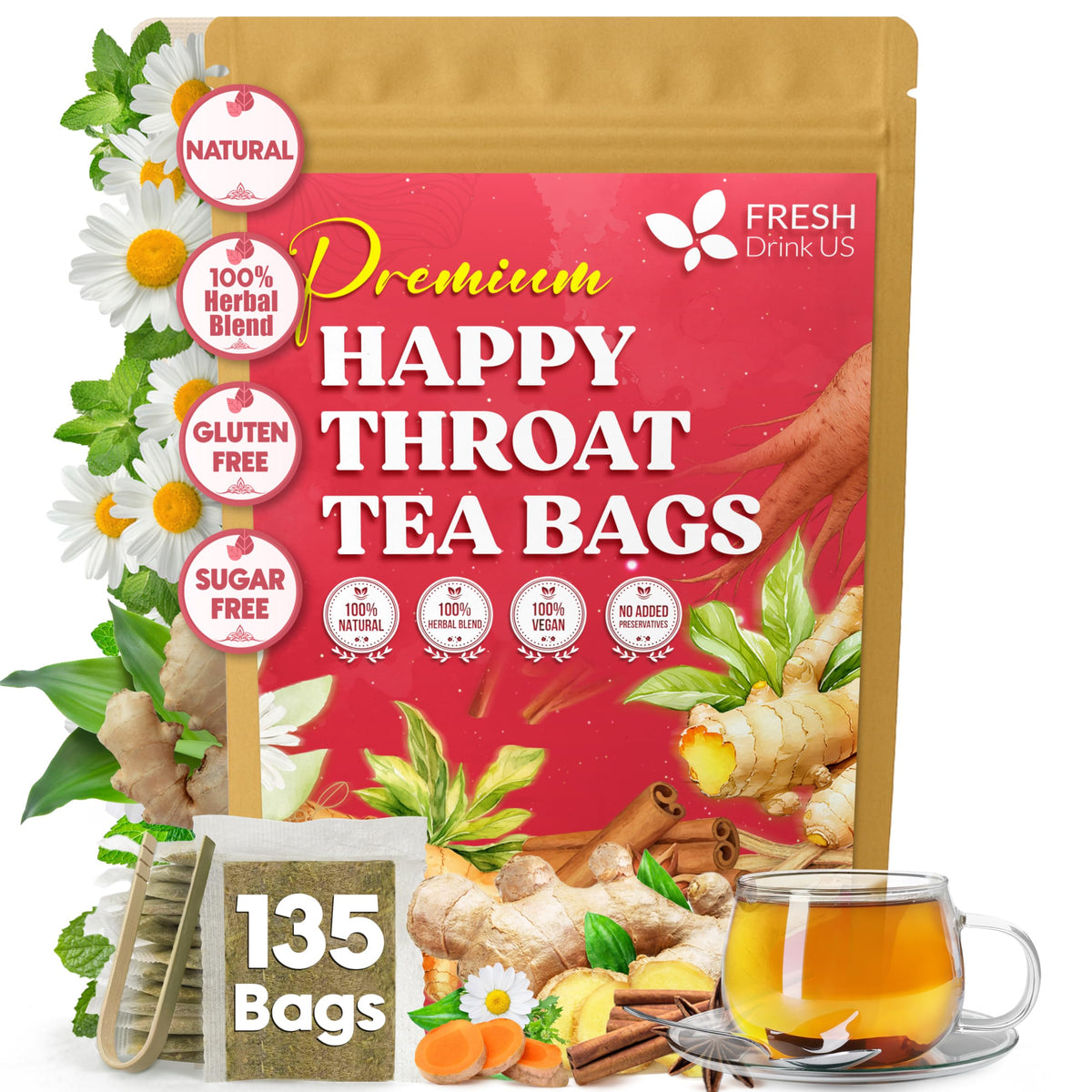 FreshDrinkUS, Premium 135 Ginger Turmeric Tea Bags, 100% Natural Ingredients, Hand-Made Blend of Ginger and Turmeric Herbal Tea, Eco-Conscious Tea Bags. No Sugar, No Caffeine, No Gluten, Vegan.