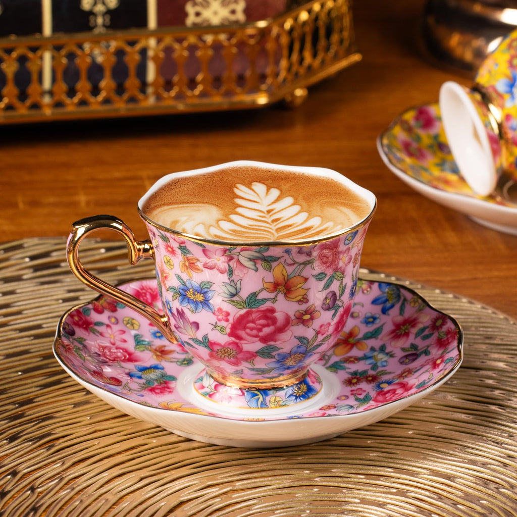 KAMMAK Tea Cup and Saucer, Ceramic Coffee Cups, 6.3 oz, Set of 2