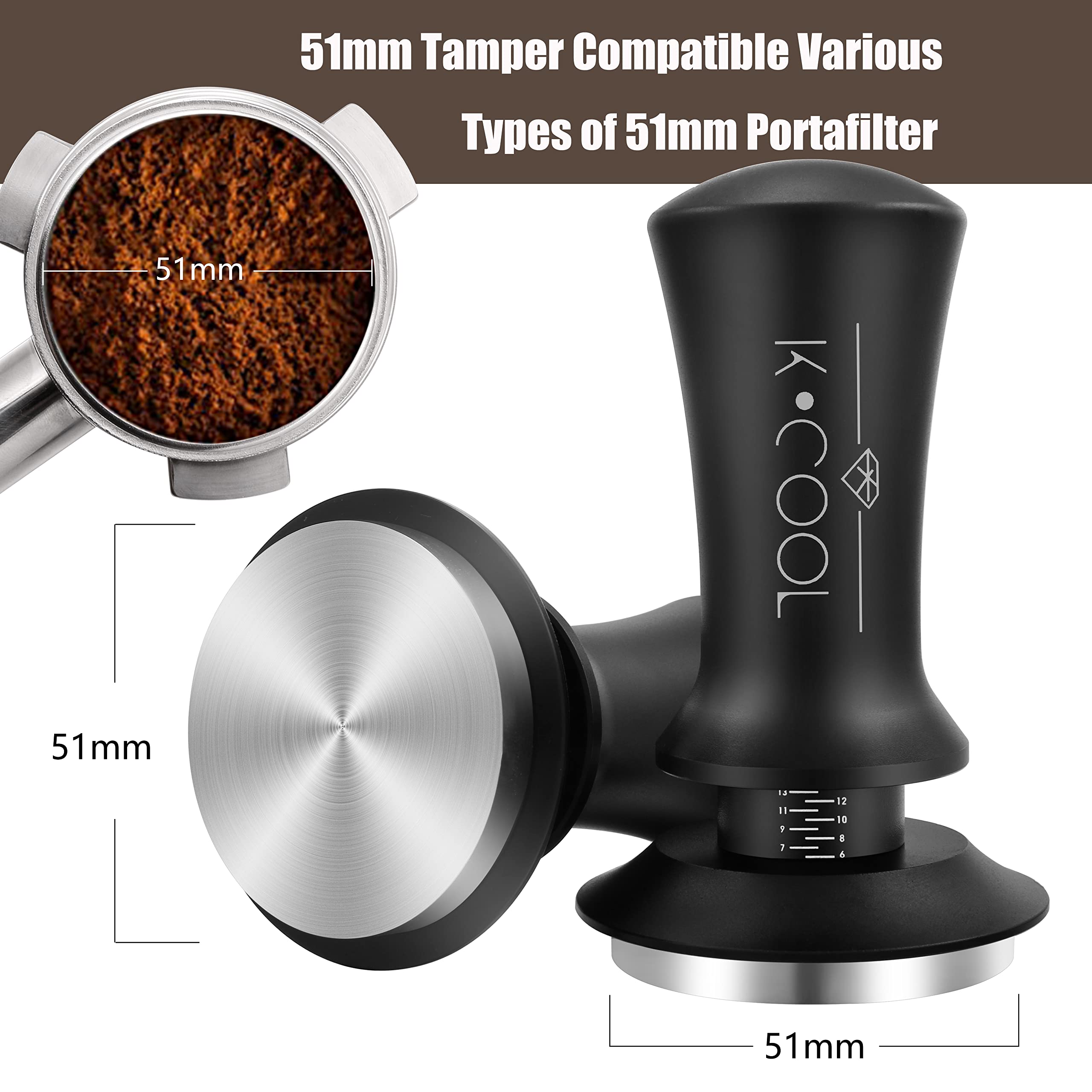 K COOL 51mm Coffee Espresso Tamper, Premium Barista Tools, Calibrated Spring Tamper, 100% Stainless Steel Flat Base Tamper with Scale Mark for Espresso Machine (Black)