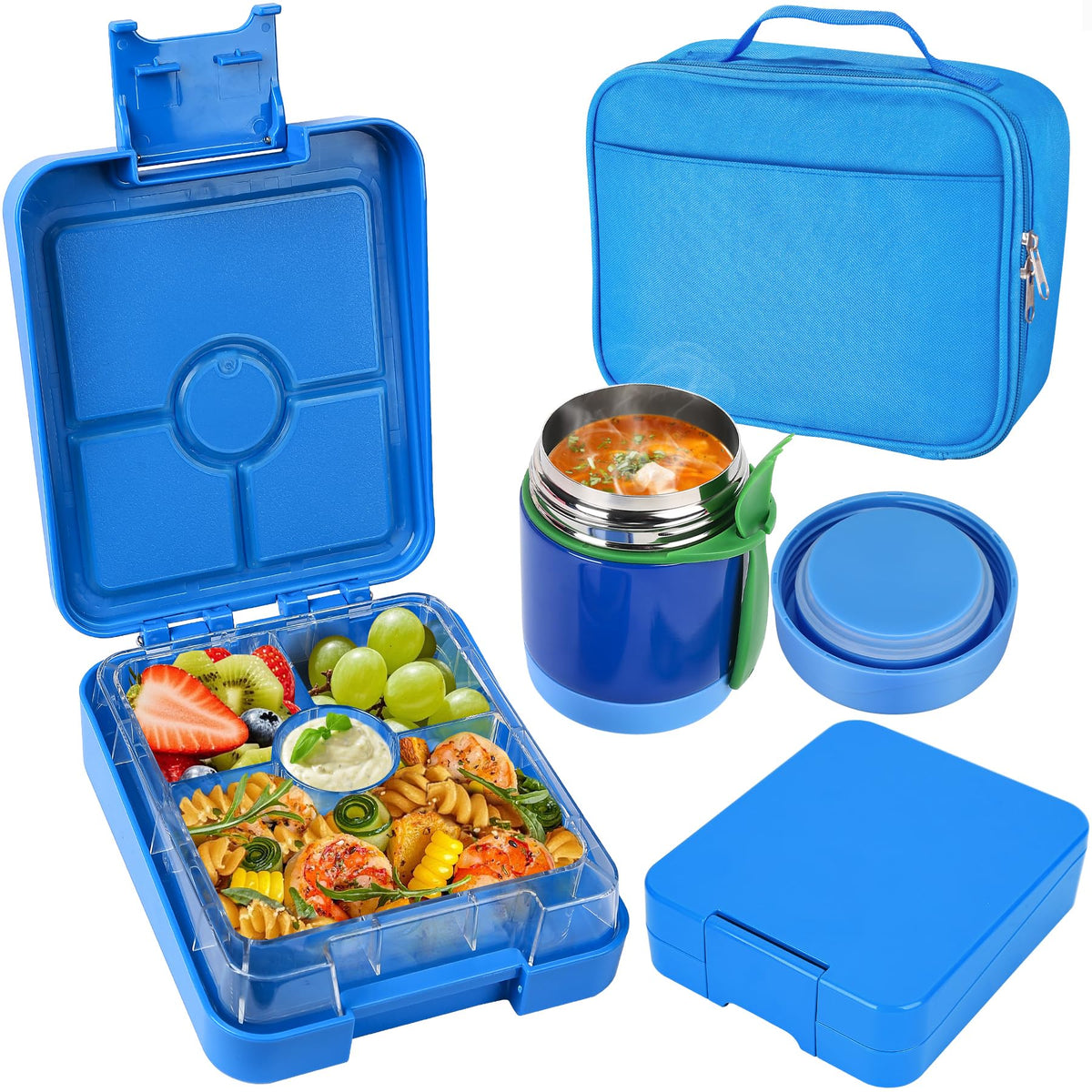 Pawtong Bento Lunch Box Set With 10oz Soup Thermo, Leak-proof Lunch Containers with 4 Compartment, Kids Hot Thermo Food Jar/Insulation Lunch Bag, Food Containers for School（Flamingo）