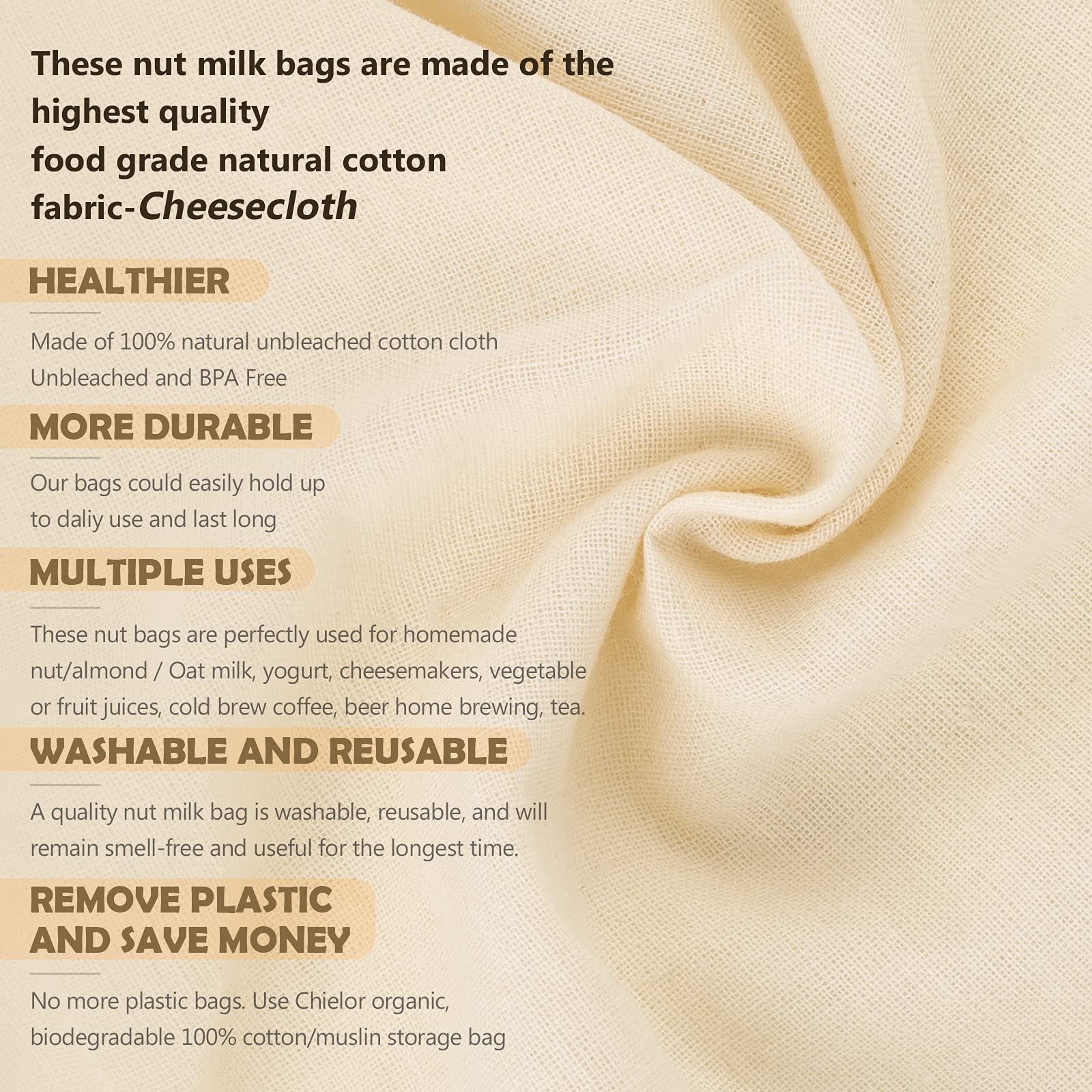 Chielor 10 Pack Nut Milk Bag, 10‘’ x 12‘’ Fine Mesh Grade Reusable Cheesecloth Bags Strainers, Unbleached Organic Cotton Filter Bags for Almond Milk, Juices, ColdBrew, Cheese, Tea, Yogurt, Coffee