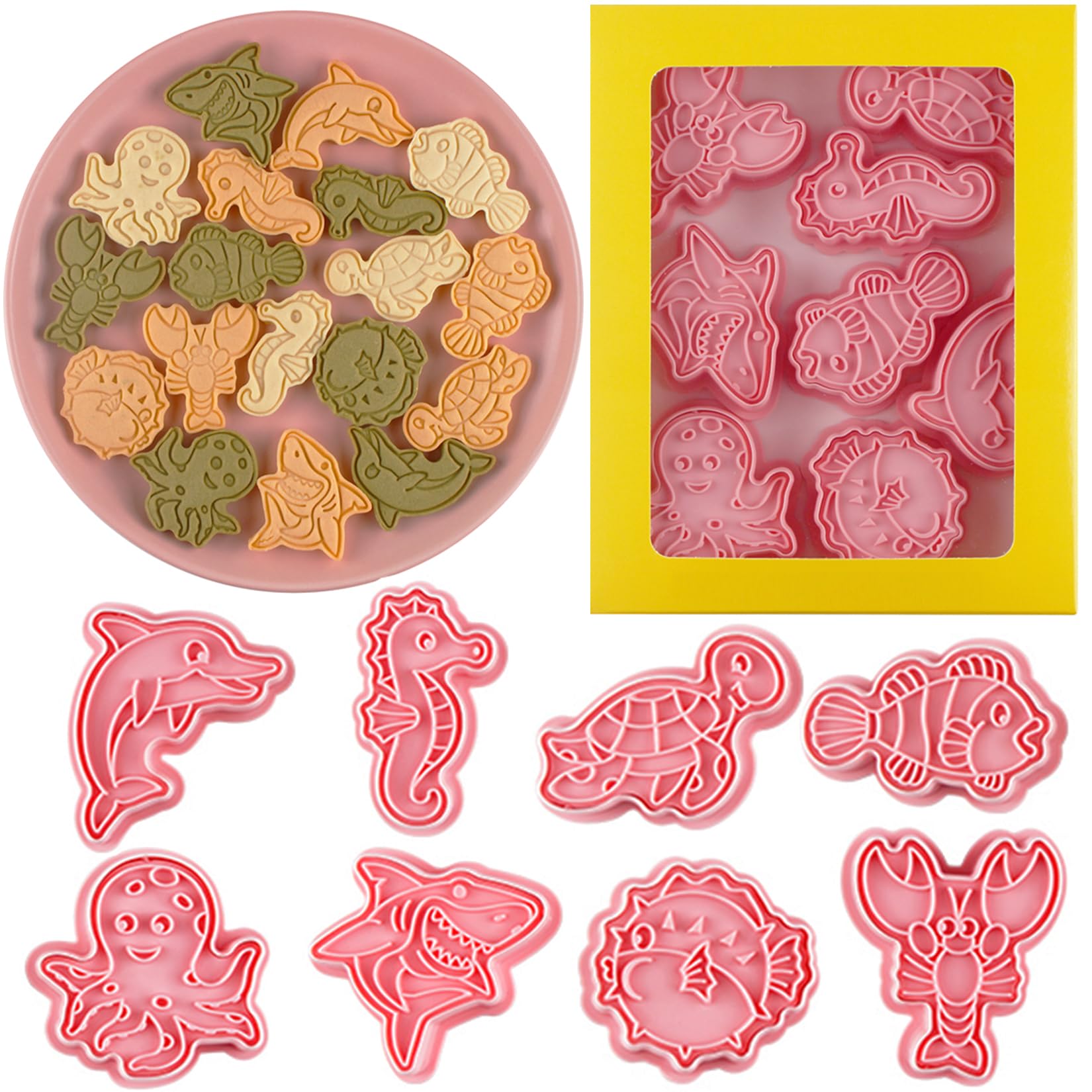 8 Pcs Ocean Cookie Cutters Set Baking Molds 3D Ocean Press type Cookie Cutter for Baking, Fondant, Cheese, and Pastries