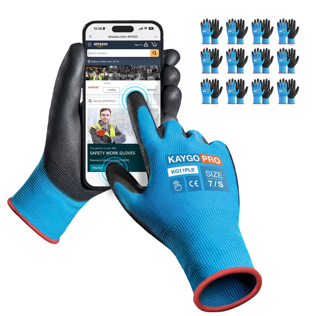 KAYGO Safety Work Gloves, PU Coated, 2-Finger Touchscreen, KG11P