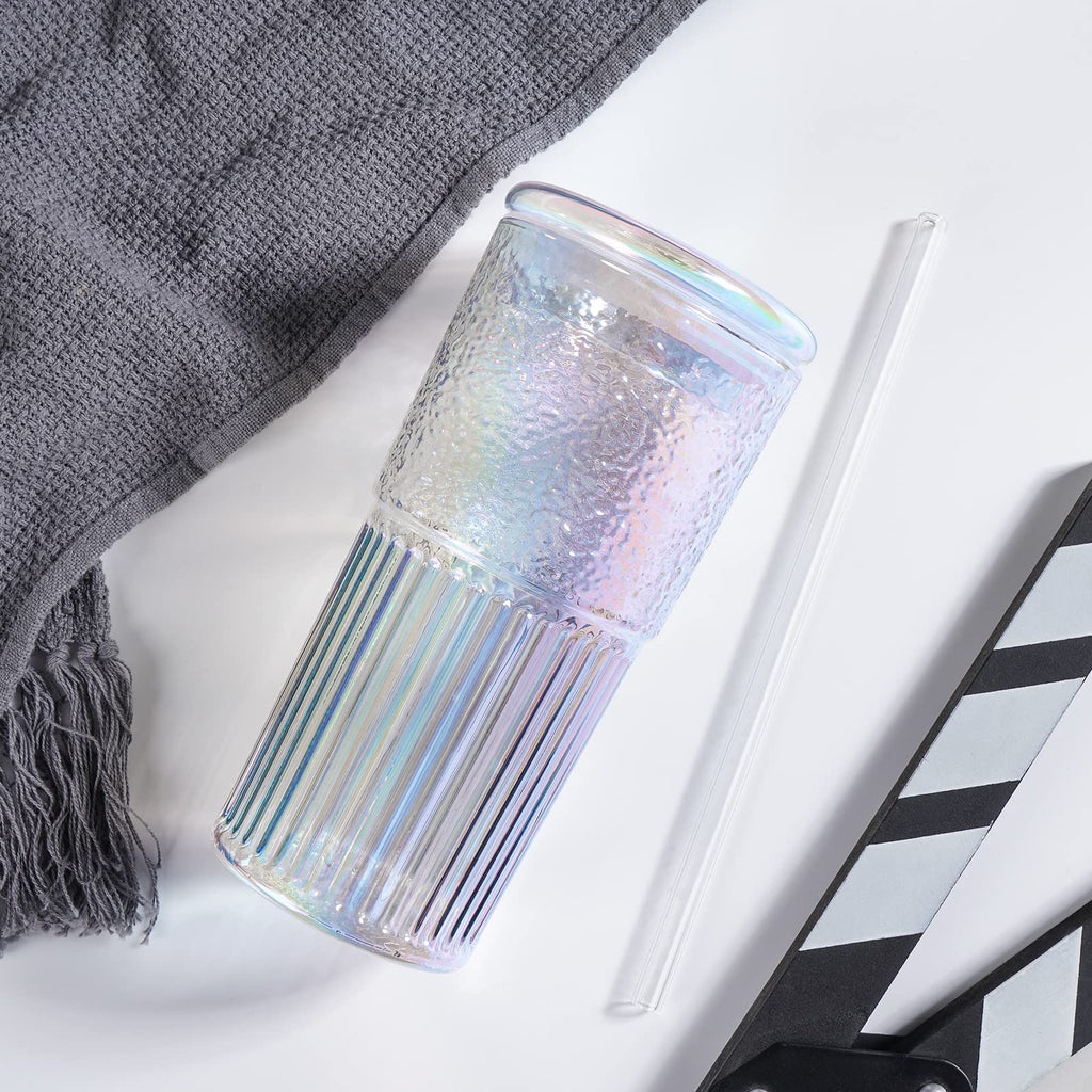 QWEZXO Colorful High Borosilicate Glass Cups With Lids and Glass Straws，20 OZ Rainbow Iced Coffee Water Tumbler Smoothie