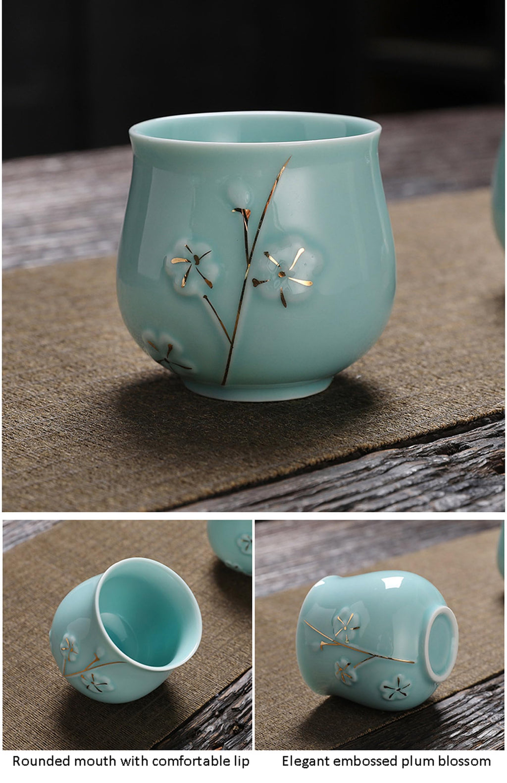 KEYDUACU Japanese Tea Set, Kiln-Formed Ceramic TeaSet, Plum Blossom Embossed, Includes 1 Teapot, 6 Teacups,Tea Tray,Strainer, Used for home, outdoor, gift, Chinese Kung Fu Tea Sets(FDMH-CYAN-MU)