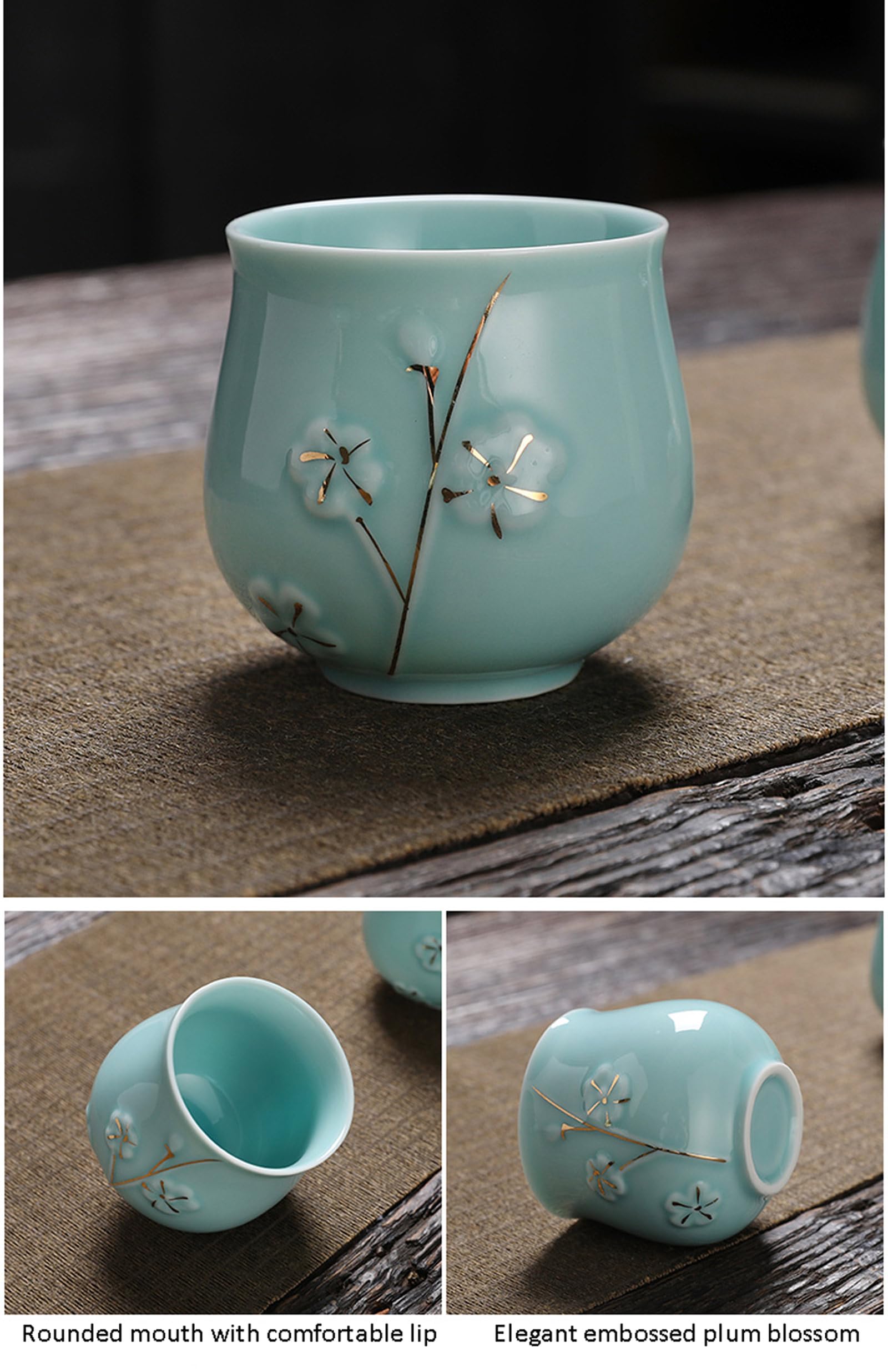 KEYDUACU Japanese Tea Set, Kiln-Formed Ceramic TeaSet, Plum Blossom Embossed, Includes 1 Teapot, 6 Teacups,Tea Tray,Strainer, Used for home, outdoor, gift, Chinese Kung Fu Tea Sets(FDMH-CYAN-MU)