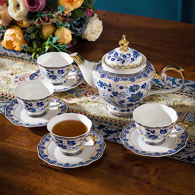 ACMLIFE Bone China Tea Set for Adults, Blue and White Tea Set for 4, Porcelain Vintage Floral China Sets for Women Party with Teapot or Gift Giving (Blue and White)