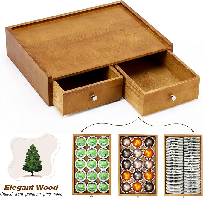 15.8"L X 11.8"W X 4"H Wooden K cup Holder, Coffee Pod Organizer Storage Box, Desktop Kitchen Storage with 2 Drawers, 30/40/60 Pod Capacity, Natural