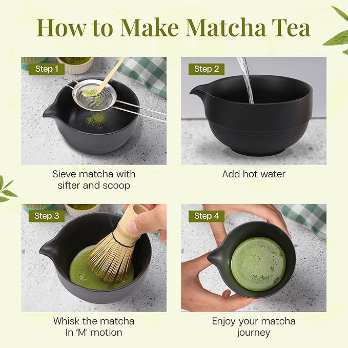 Matcha Whisk Set,includes Matcha Bowl,Matcha Whisk and Holder by Bamboo, Spout, Matcha Sifter Strainer Spoon Scoop Chasen Holder Towel- Perfect Japanese Matcha Set(8 Pcs black)