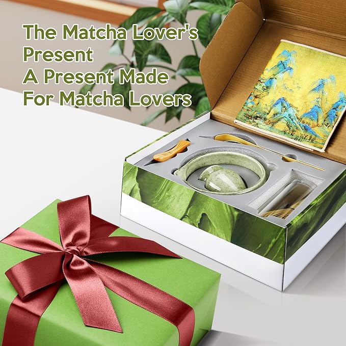 Matcha Whisk Set, 7 PCS Matcha Kit for Tea Ceremony, Matcha Whisk and Holder, Ceramic Matcha Bowl with Spout, Bamboo Scoop, Scoop Holder, Stainless Matcha Sifter and Tea Towel