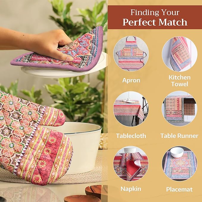 Maison d' Hermine Pot Holders Set 100% Cotton Heat Resistant Potholders 8" x 8" Hot Pads with Loop BBQ, Cooking, Baking, Grilling, Kitchen, Handling Hot Pans (Pack of 2, Ispahan)