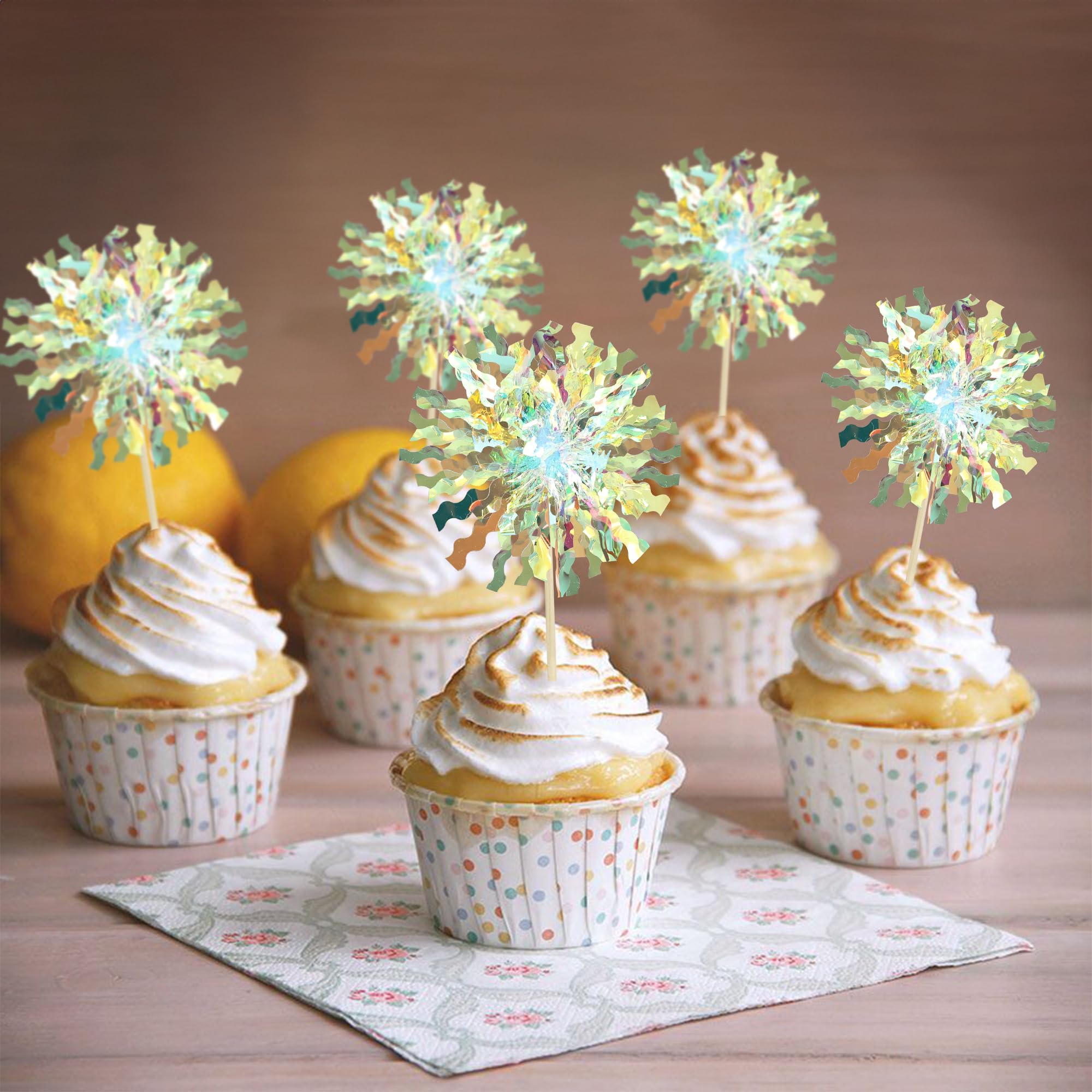 Ephlyn 30Pcs Foil Firework Cupcake Toppers Sparkle Tinsel Cupcake Picks Firework Cake Decorations Cocktail Food Fruit Toothpicks for Baby Shower Graduation Party Supplies White