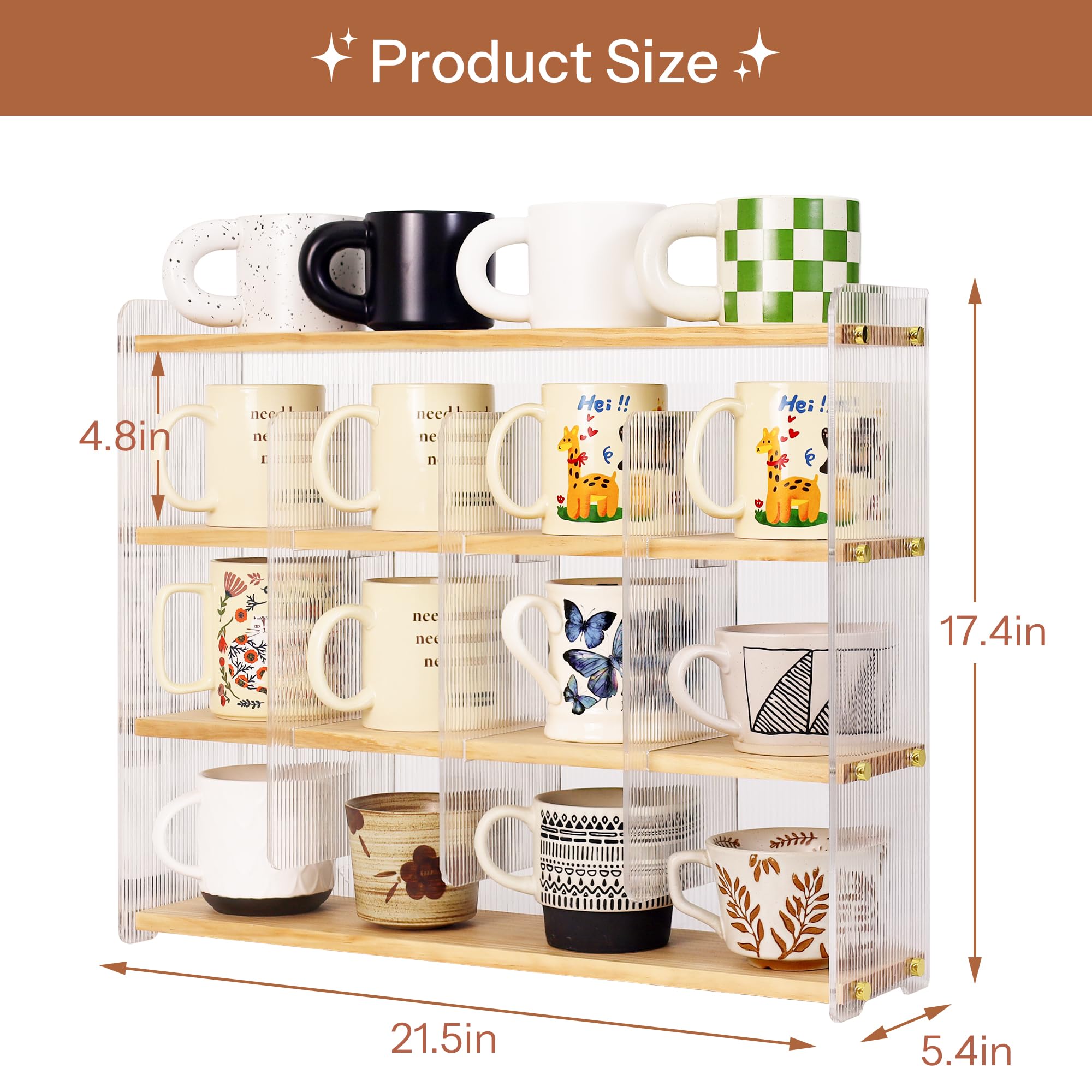 KAOTGOT Mug Shelf 4-Tier Walnut Coffee Cup Displays,Kitchen Spice Storage