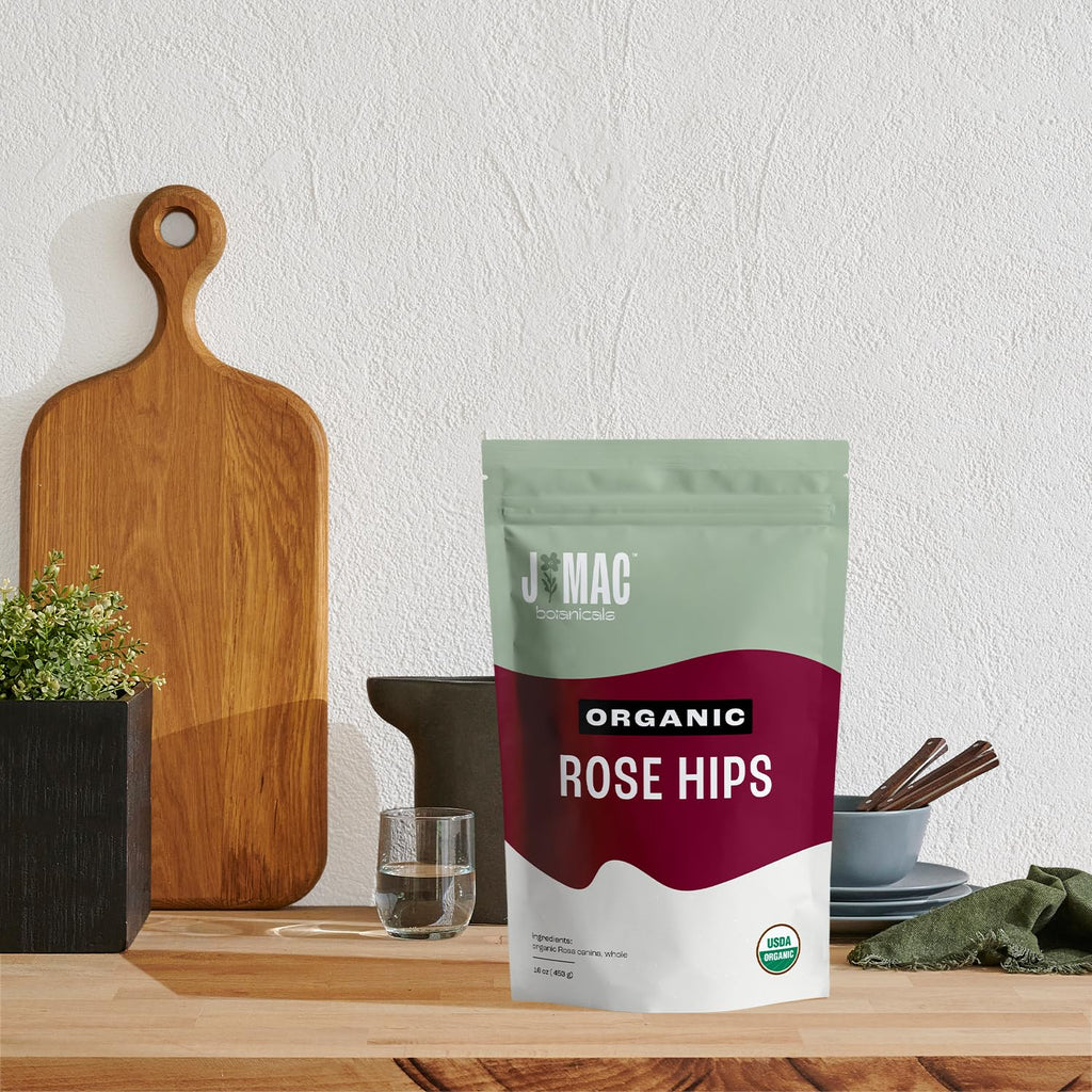 J MAC BOTANICALS Organic Rose Hips (1 lb Bag) Whole, natural dried rose hips for herbal tea, rosehips, rosehip tea, packaged in the USA