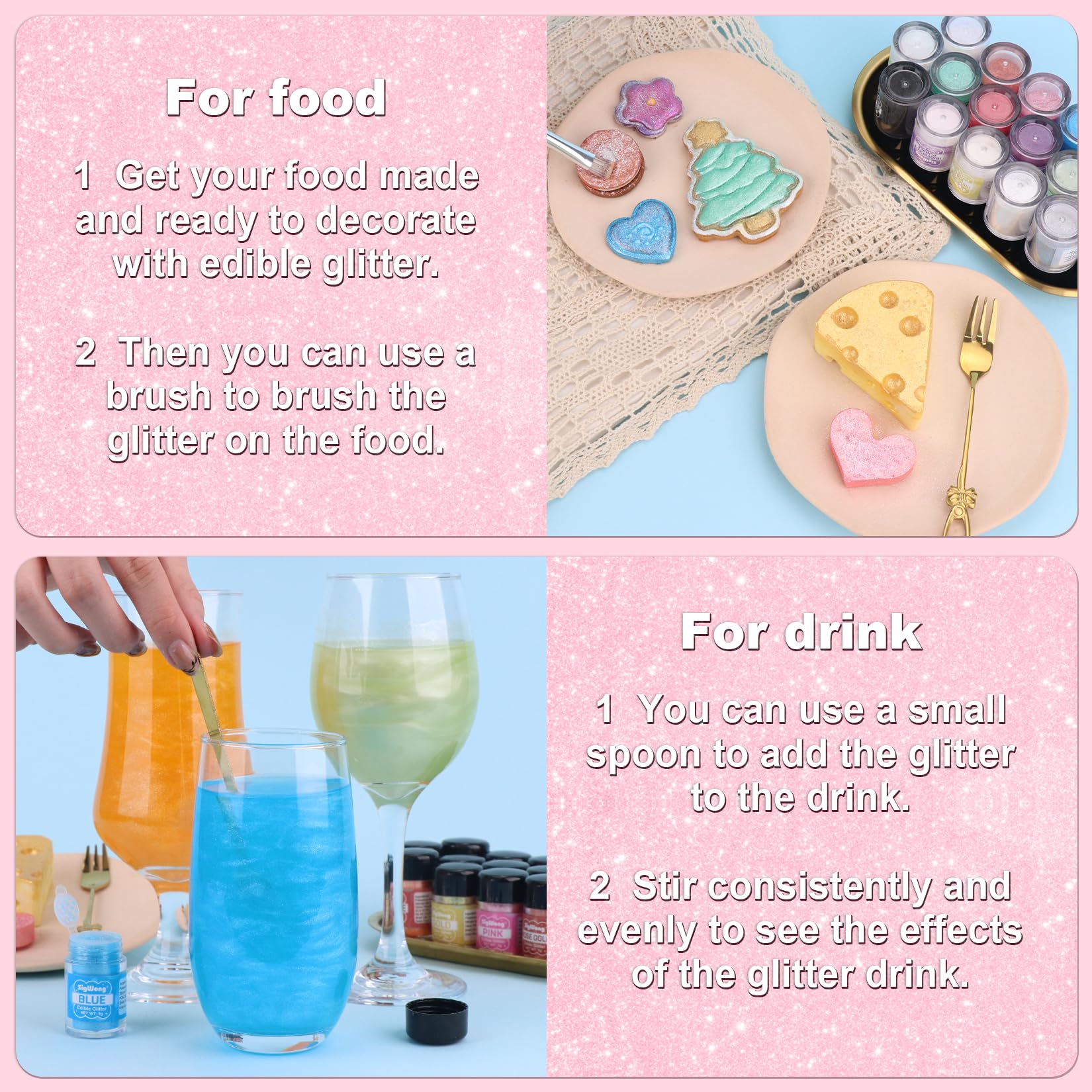 Pink Edible Glitter - 5g Food Grade Cake Decorating Shimmering Glitter, Edible Sprinkle Luster Dust for Drinks, Chocolates, Fondant, Strawberries, Cupcakes, Candy, Easter Cookie - Vegan