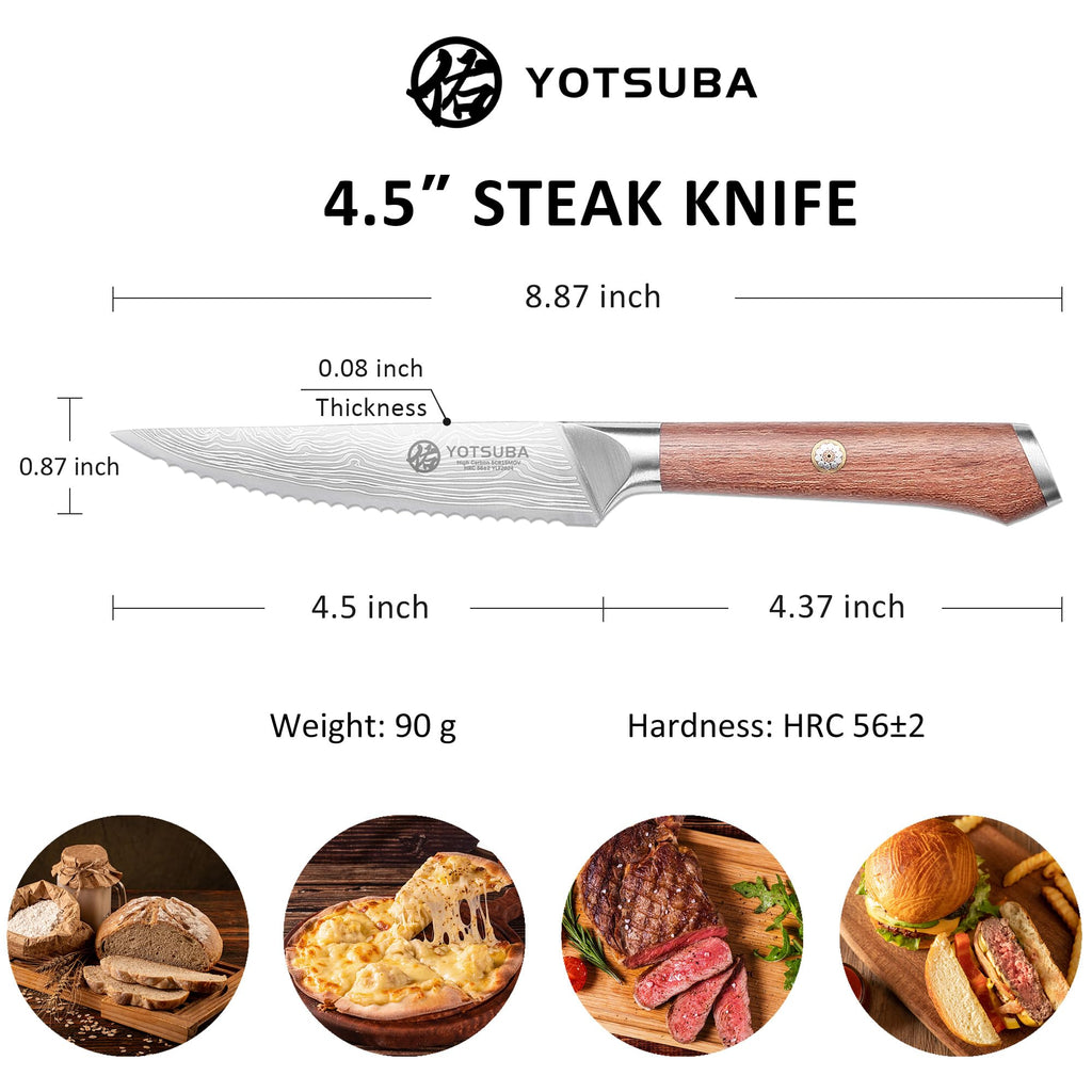 YOTSUBA Steak Knives Set of 6, Razor-Sharp 4.5 Inch Japanese Serrated Steak Knife Set, Full Tang Forged High Carbon Steel Dinner Knives with Ergonomic Handle and Gift Box