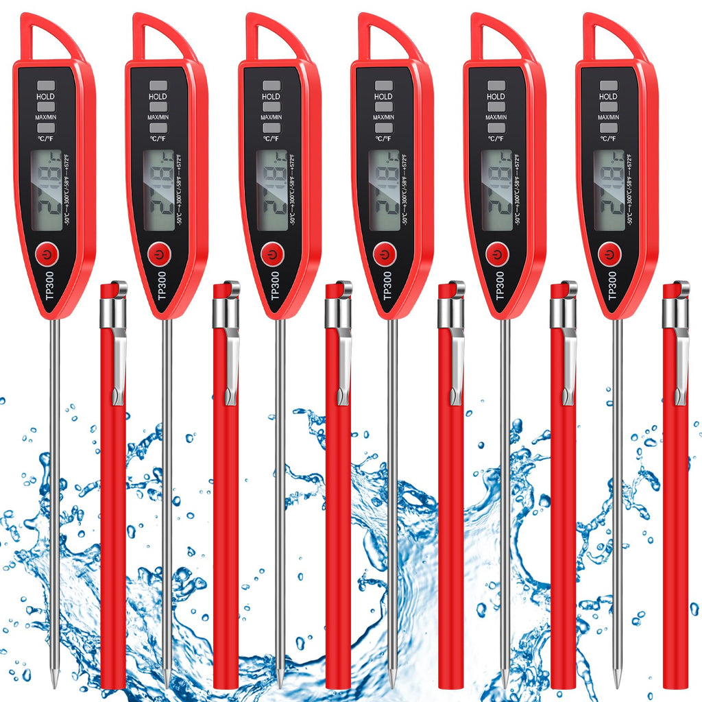 Copkim 6 Set Waterproof Food Thermometer for Water, Liquid, Candle and Cooking Digital Meat Thermometer with Long Probe Instant Read for Kitchen BBQ Grill Candy (Red)
