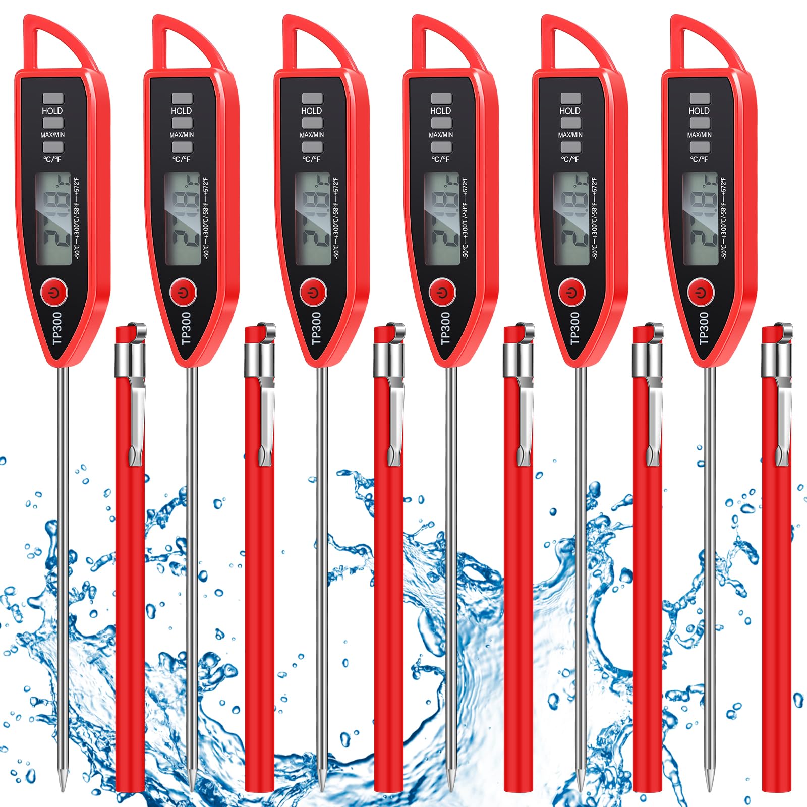Copkim 6 Set Waterproof Food Thermometer for Water, Liquid, Candle and Cooking Digital Meat Thermometer with Long Probe Instant Read for Kitchen BBQ Grill Candy (Red)