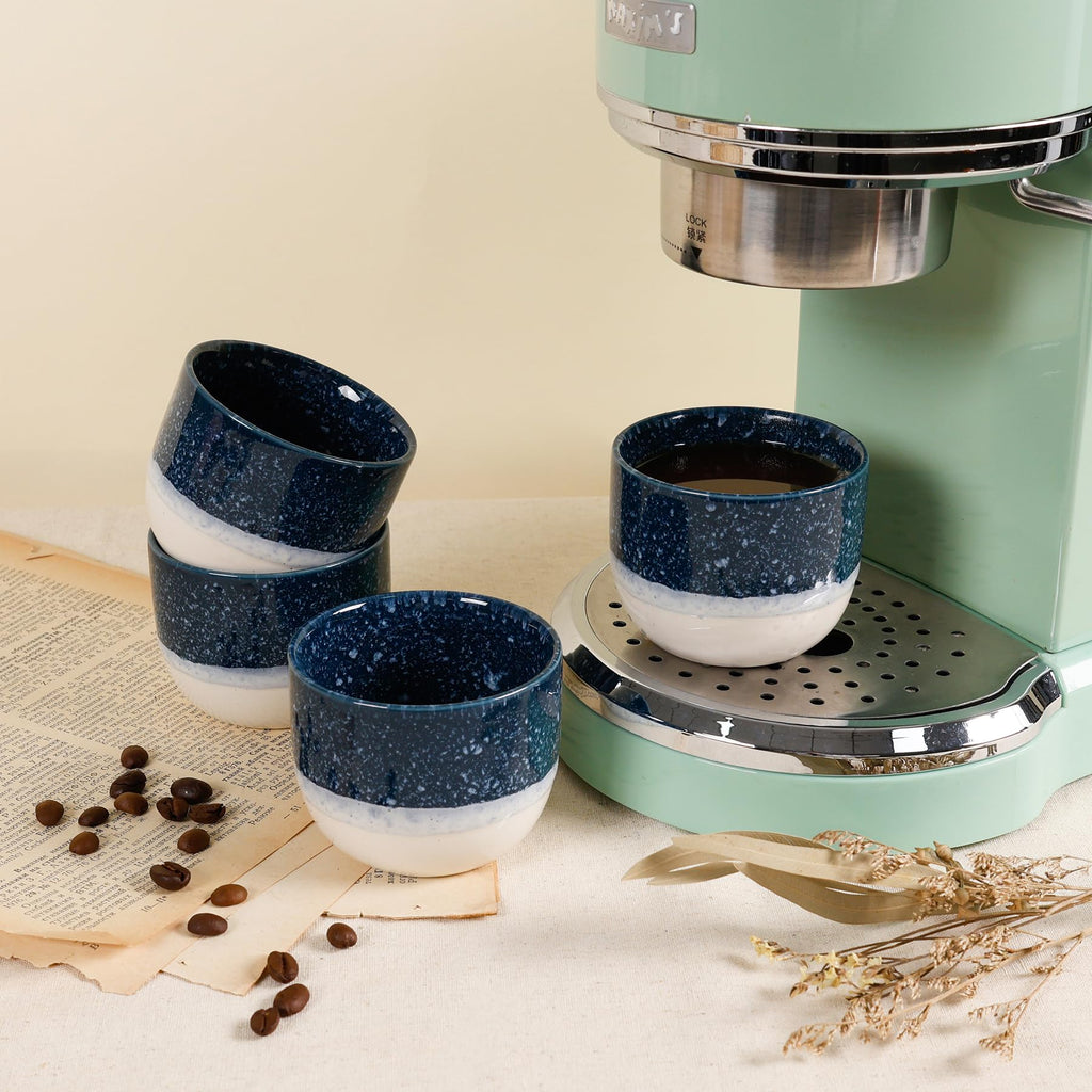 ZEBERBO Ceramic Espresso Cups Set of 4, Double Walled Espresso Coffee Mugs for Nespresso Cups, Special glazed Demitasse Cups Coffee Cup for Machine (Blue)