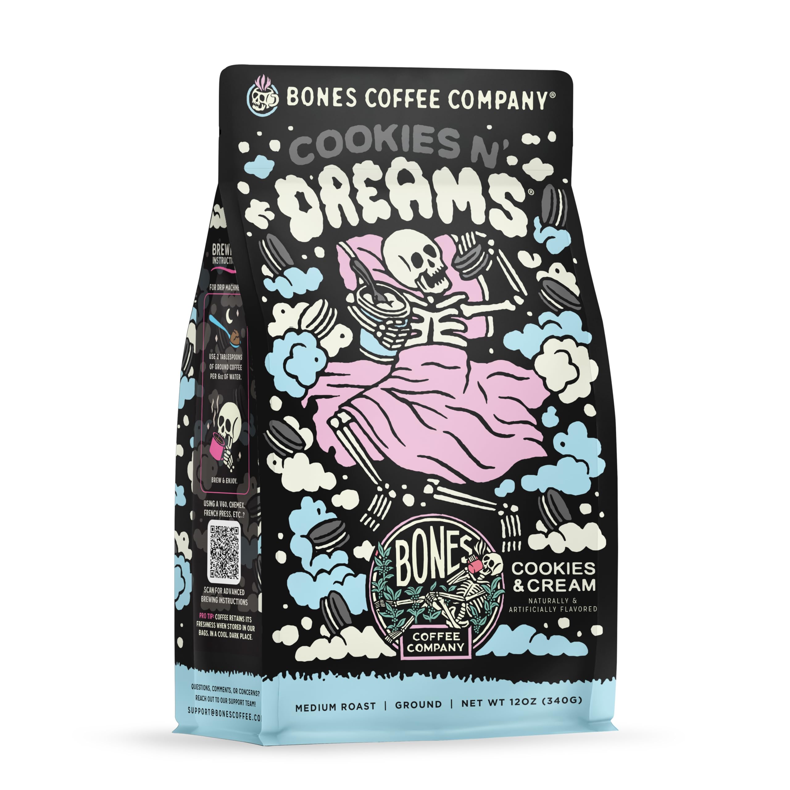 Bones Coffee Company Cookies 'N Dreams Cookies and Cream Flavored Coffee, Medium Roast Low Acid Arabica Beans Compatible with Auto drip and French Press Coffee Maker, 12 Oz Ground
