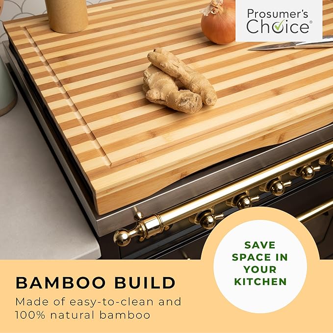 Prosumer's Choice Stovetop Cover Bamboo Cutting Board | Premium, Sustainable, Expands Kitchen Space, Easy to Clean - with Adjustable Legs and Juice Grooves - Large - 29.5"L x 3.5"W x 21"H