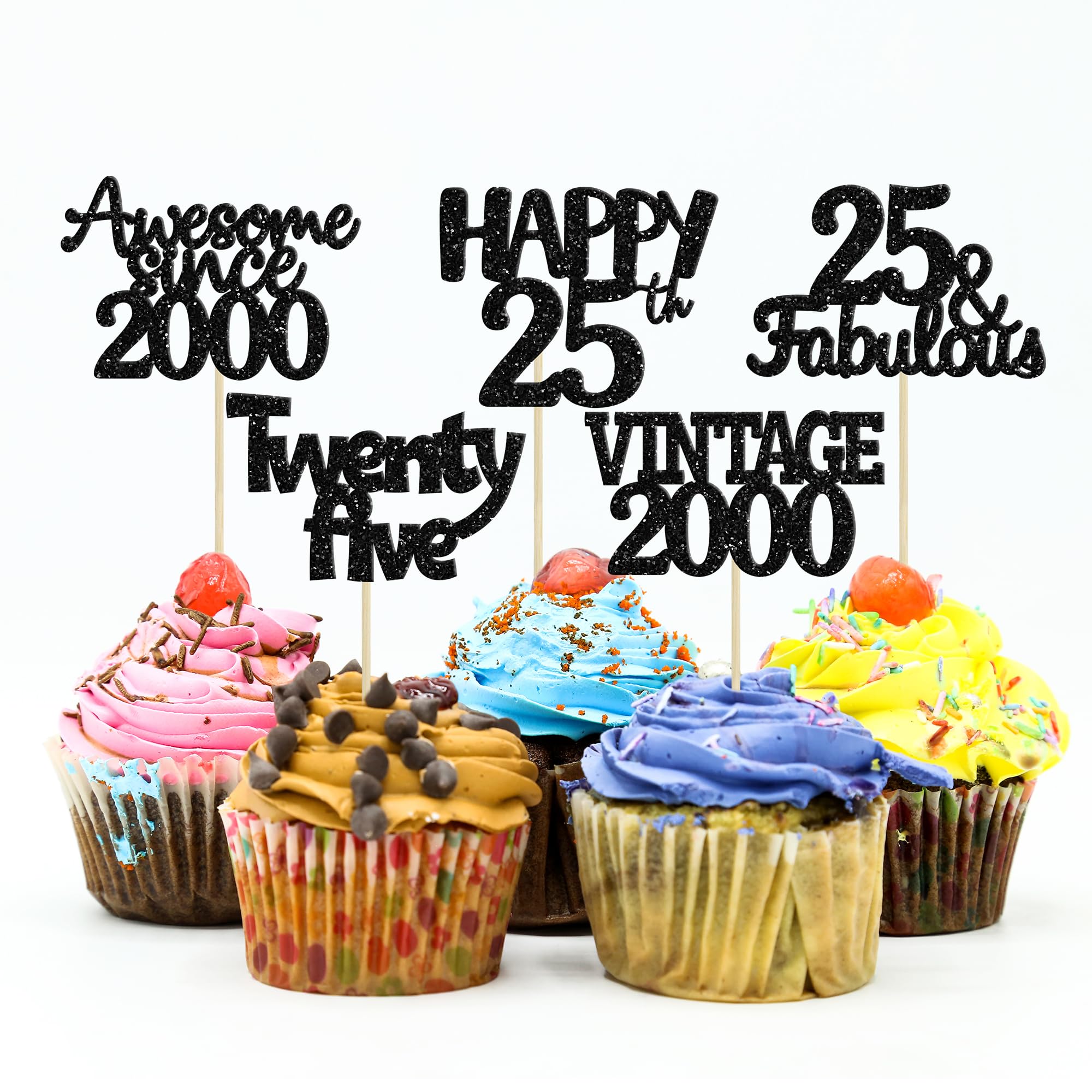 Gyufise 30Pcs Vintage 2000 Cupcake Toppers Glitter 25th Birthday Cake Decorations - Black