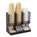 Mind Reader Condiment Station, 13 Inch Countertop Coffee Bar Organizer with 6 Compartments, Storage Caddy for Cups, Lids and Packets, Plastic, Black
