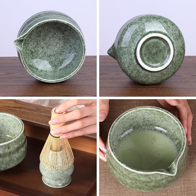 Japanese Matcha Whisk Set - 7-Piece Kit Bamboo Chasen, Ceramic Bowl with Spout, Stainless Steel Sifter & Holder Green